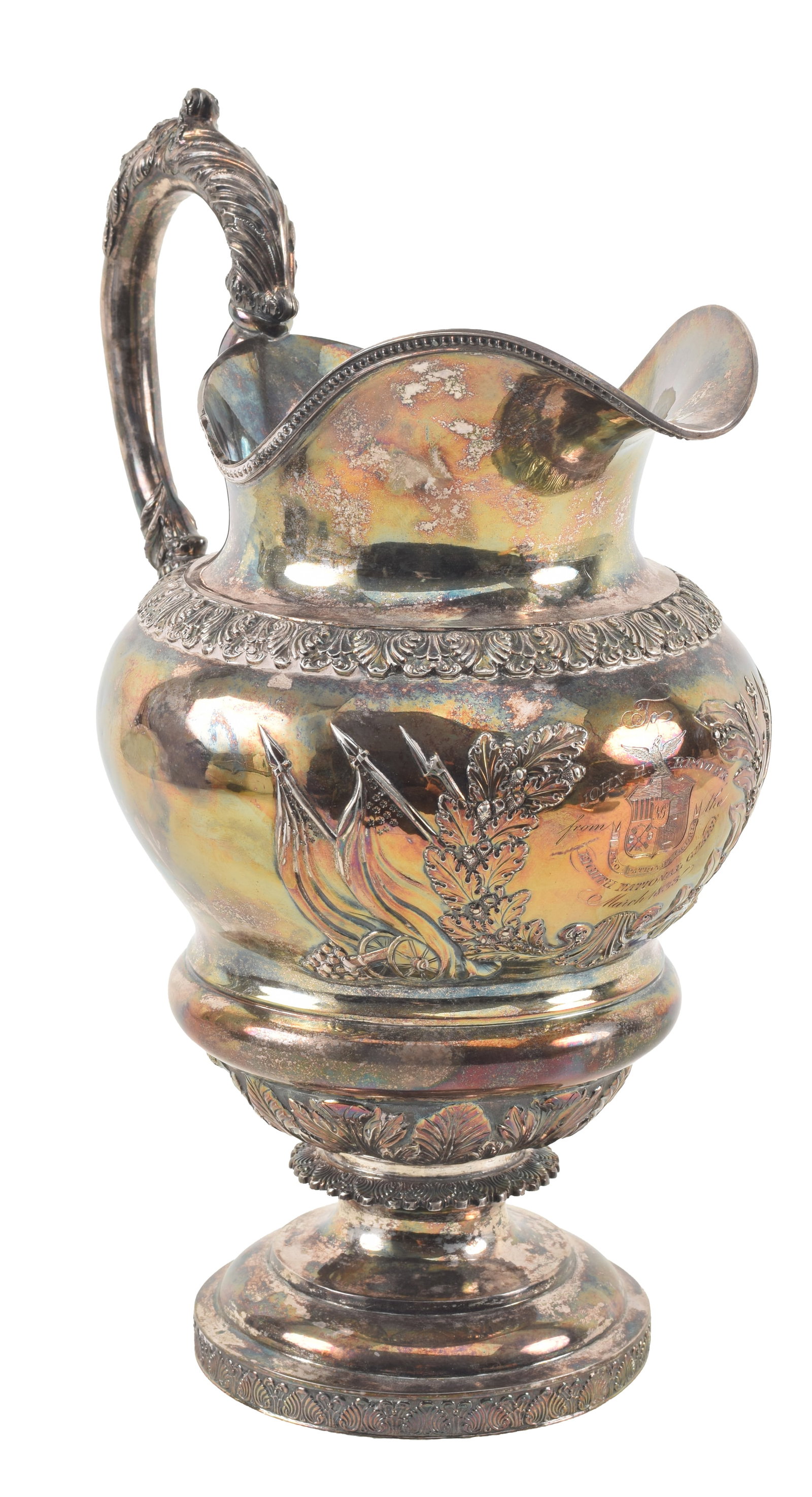 Marquand & Brothers coin silver historical presentation pitcher to John H. Brower from the "Eighth: Marquand & Brothers coin silver historical presentation pitcher to John H. Brower from the "Eighth National Guard, March 1833." Bulbous pitcher with leaf decorated handle, bead borders, and presentati