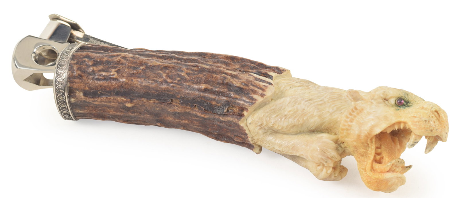 Figural carved stag antler cigar cutter, early 20th century. Finely carved with a stylized roaring (1 of 9)