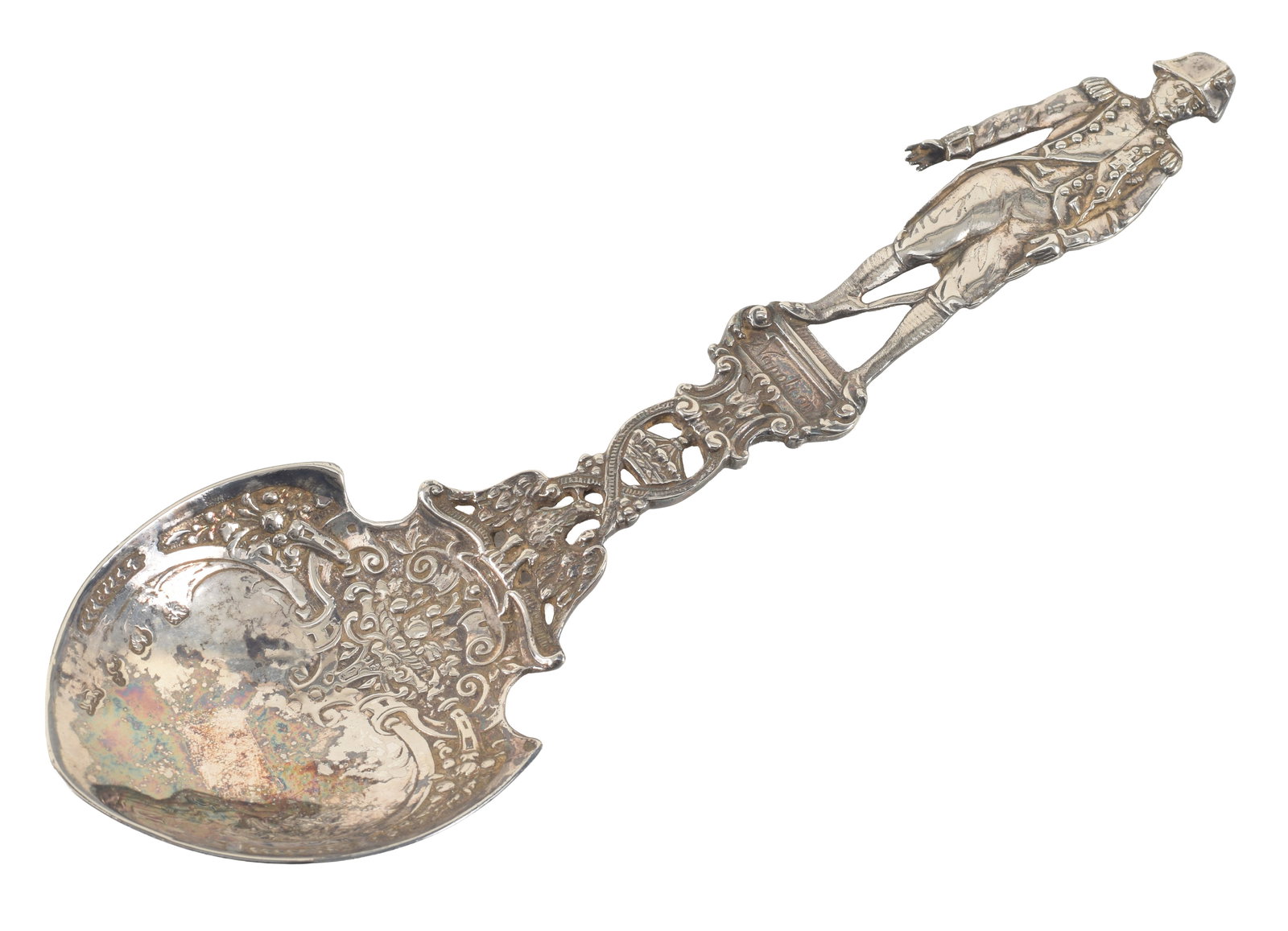 19th century continental silver spoon depicting Napoleon. Front and back of handled full decorated.: 19th century continental silver spoon depicting Napoleon. Front and back of handled full decorated. Reticulated decoration with the Imperial crown and eagle. Hallmarked in bowl. 9.5in length. 4.2 ozt.