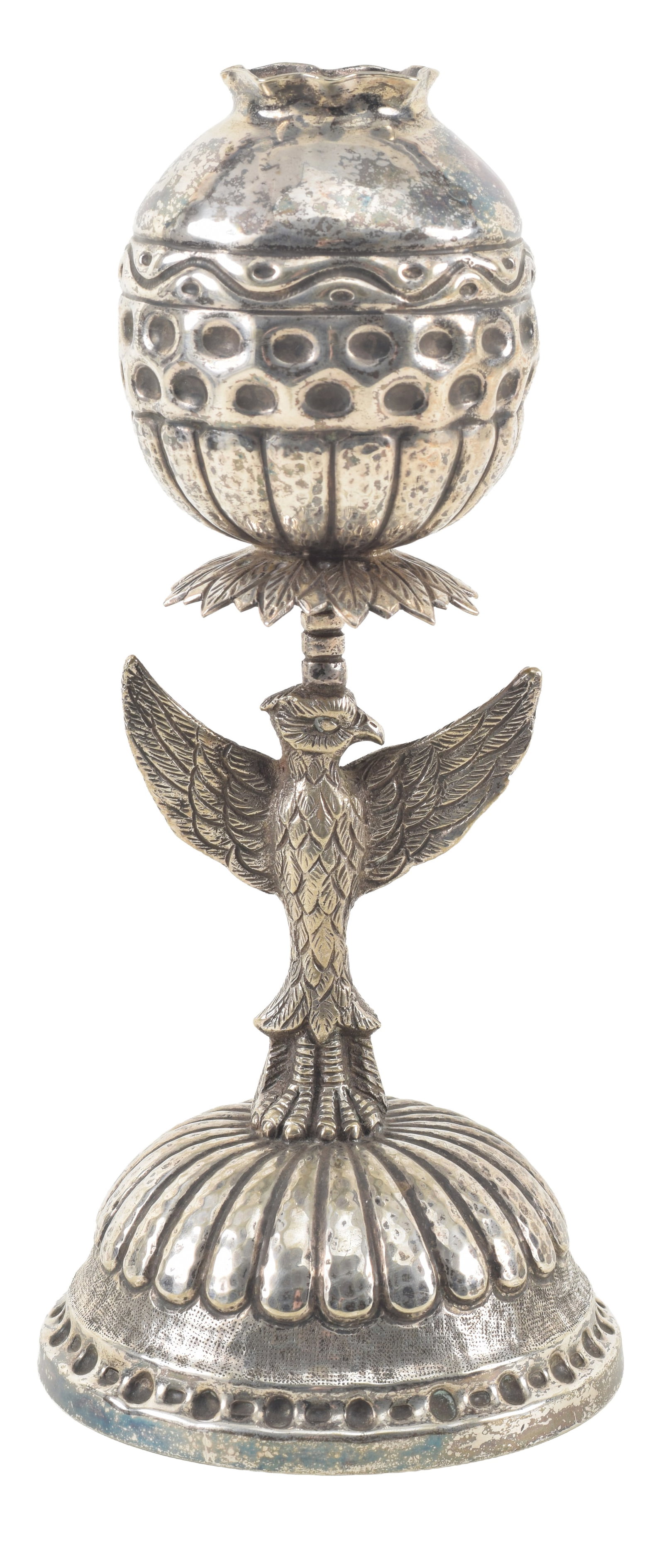 19th century silver eagle decorated ornamental vase, possibly Spanish Colonial. Relief geometric: 19th century silver eagle decorated ornamental vase, possibly Spanish Colonial. Relief geometric bands, stipple ground base, and hand planished fluted sections. Solid eagle mounted stem. Does not appe
