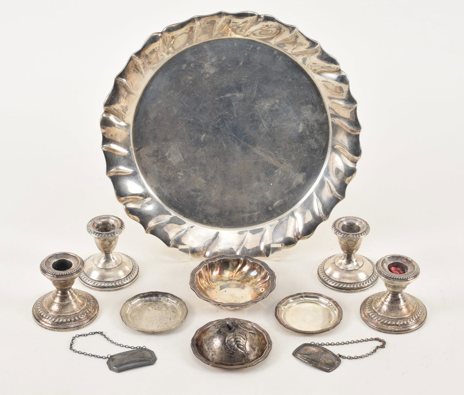 Collection of silver items including a serving tray marked 830, nut dishes, liquor tags, mustard pot (1 of 5)