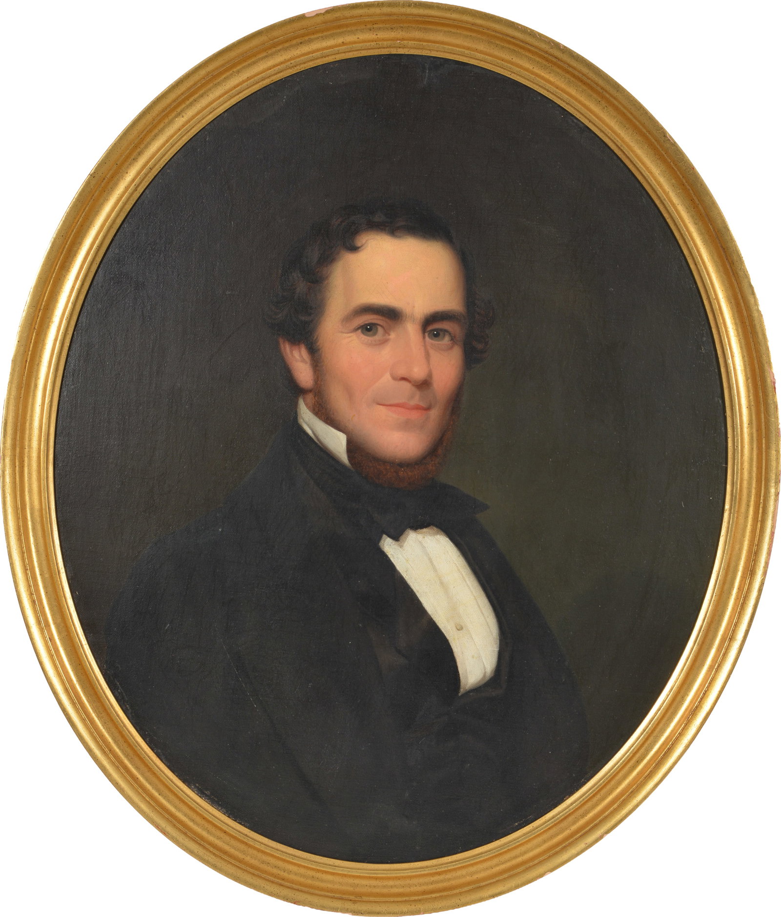 Mid 19th century portrait of George Edward Wills. Oval bust length portrait. Oil on canvas, laid: Mid 19th century portrait of George Edward Wills. Oval bust length portrait. Oil on canvas, laid down on masonite. Framed. Sight: 29.75 x 24.75in. Overall: 33 x 28in. This painting pairs with the foll