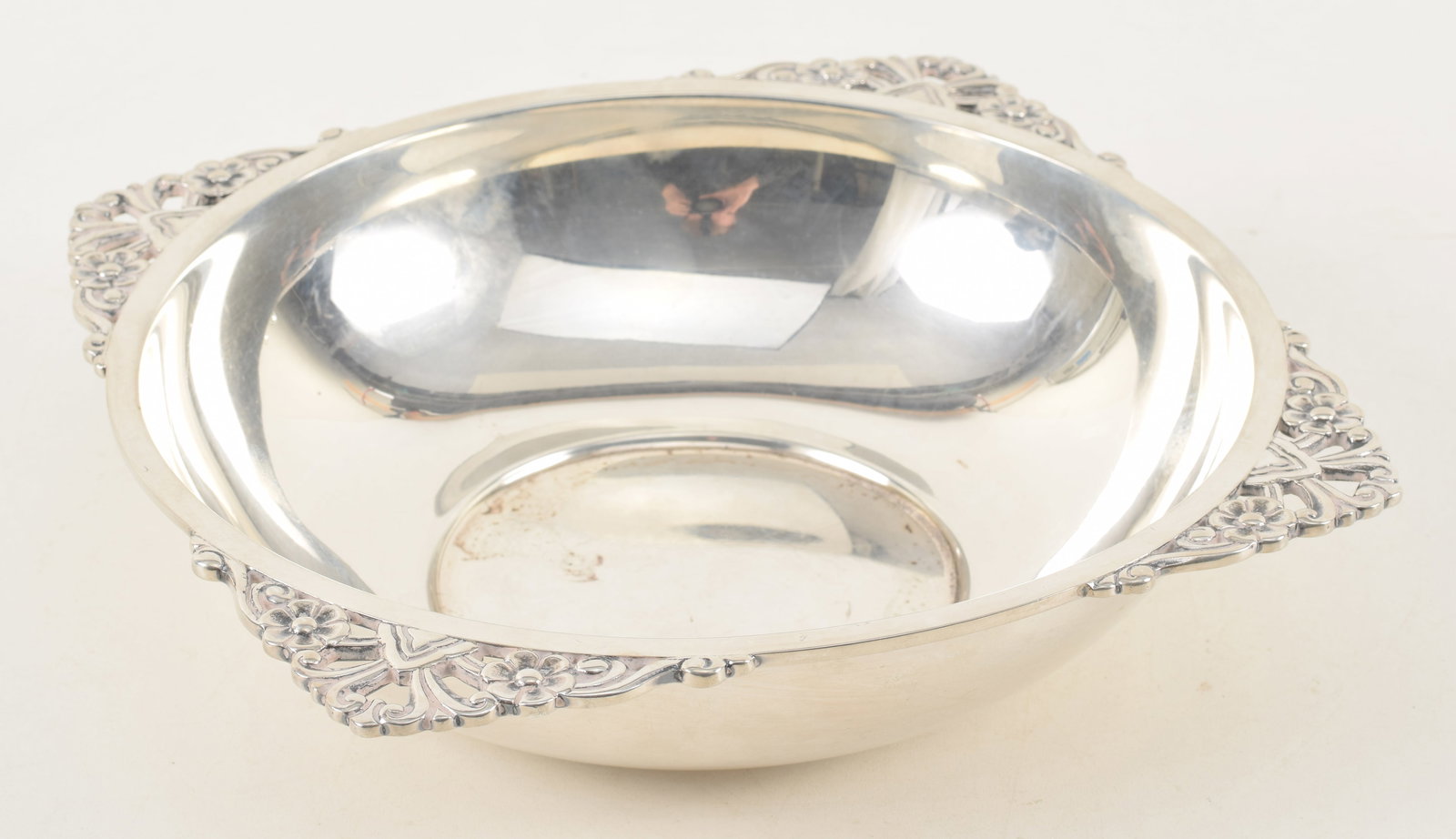 Tiffany & Co. sterling silver bowl with four floral handles. Marked 22973. Width 10 1/2 in, height 2 (1 of 5)