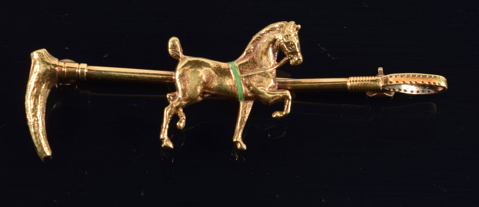 14K gold equestrian themed pin in the form of a riding crop decorated with horse in parade gait with (1 of 4)