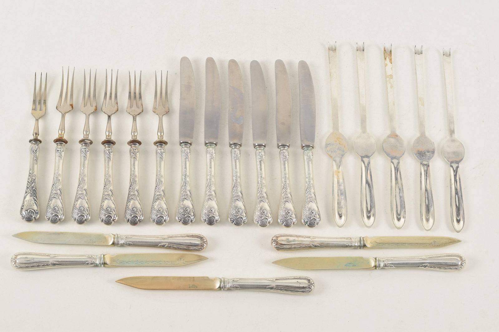 Collection of silver flatware including setting for six fruit set, marked 800 with steel tines and (1 of 6)