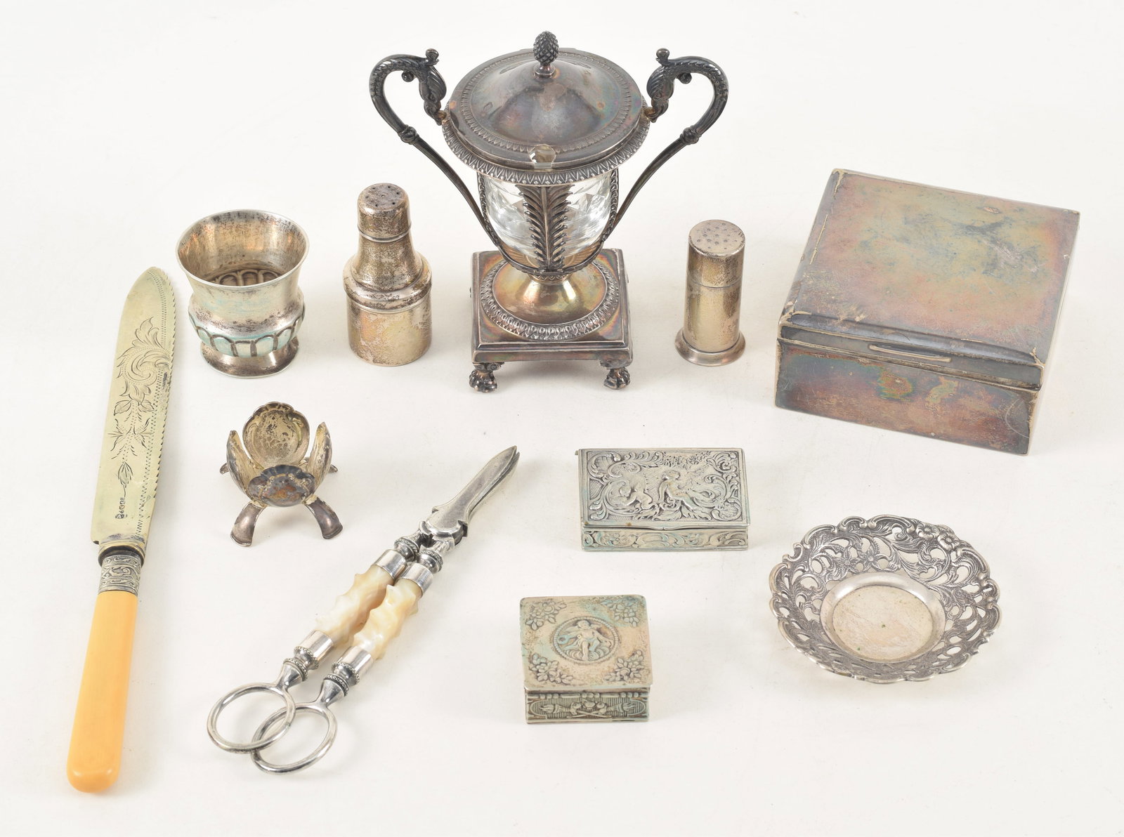 Assorted silver items including a German mustard pot, cordial, stamp holder, patch boxes, Tiffany & (1 of 7)