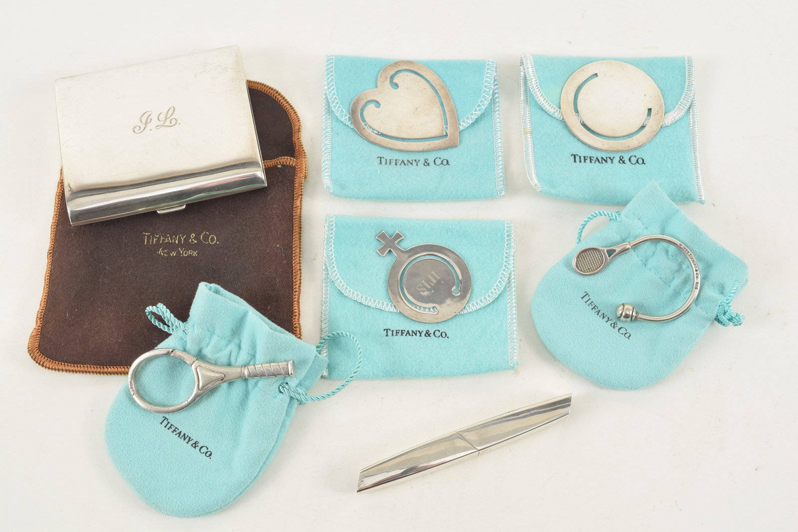 Lot of Tiffany and Company silver items, including 3 bookmarks, a cigarette case, 2 tennis themed (1 of 8)