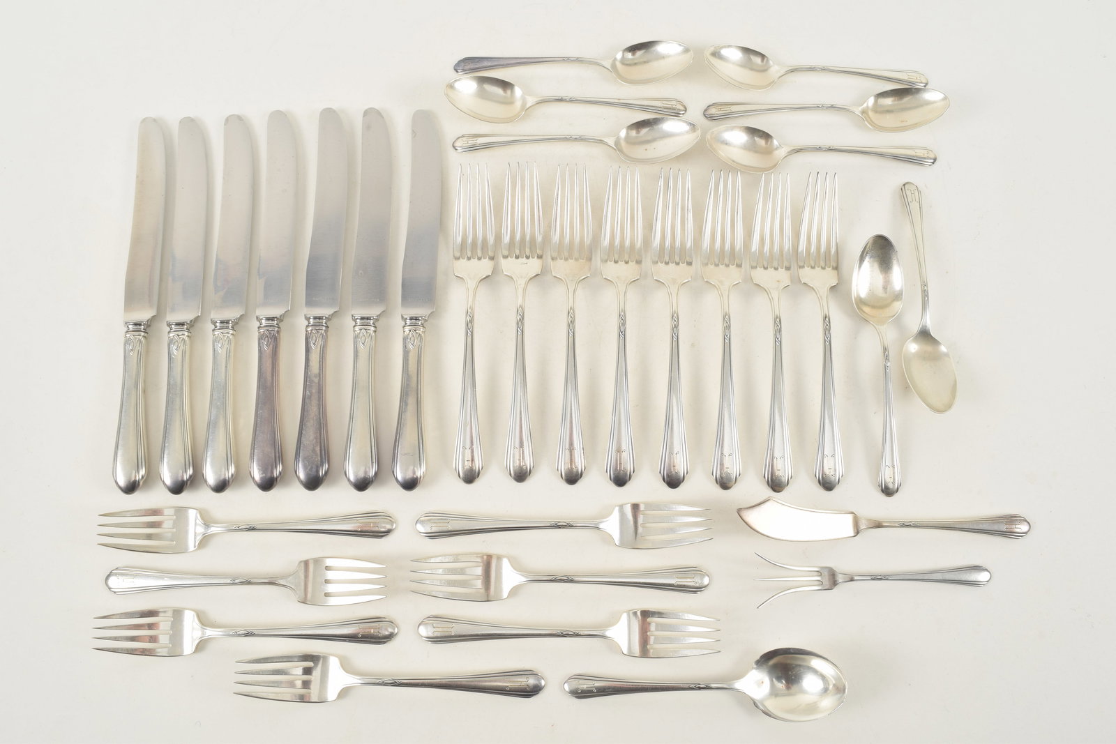 33 Piece Towle sterling silver Diana pattern flatware set, 1928, monogramed. To include 8 dinner (1 of 7)