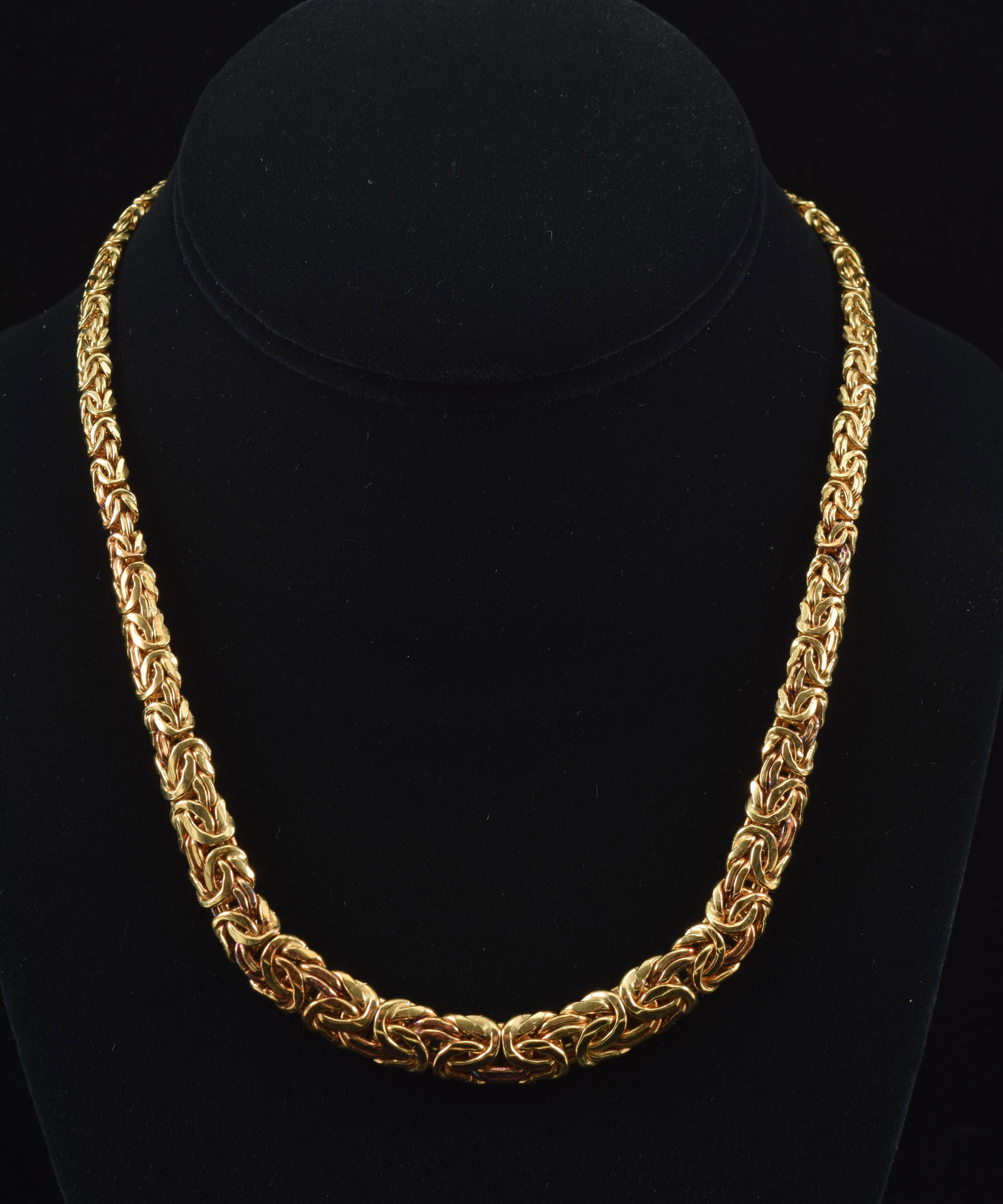 14K gold Byzantine link necklace. Tapered design with domed exterior and flat interior. Large ring (1 of 7)