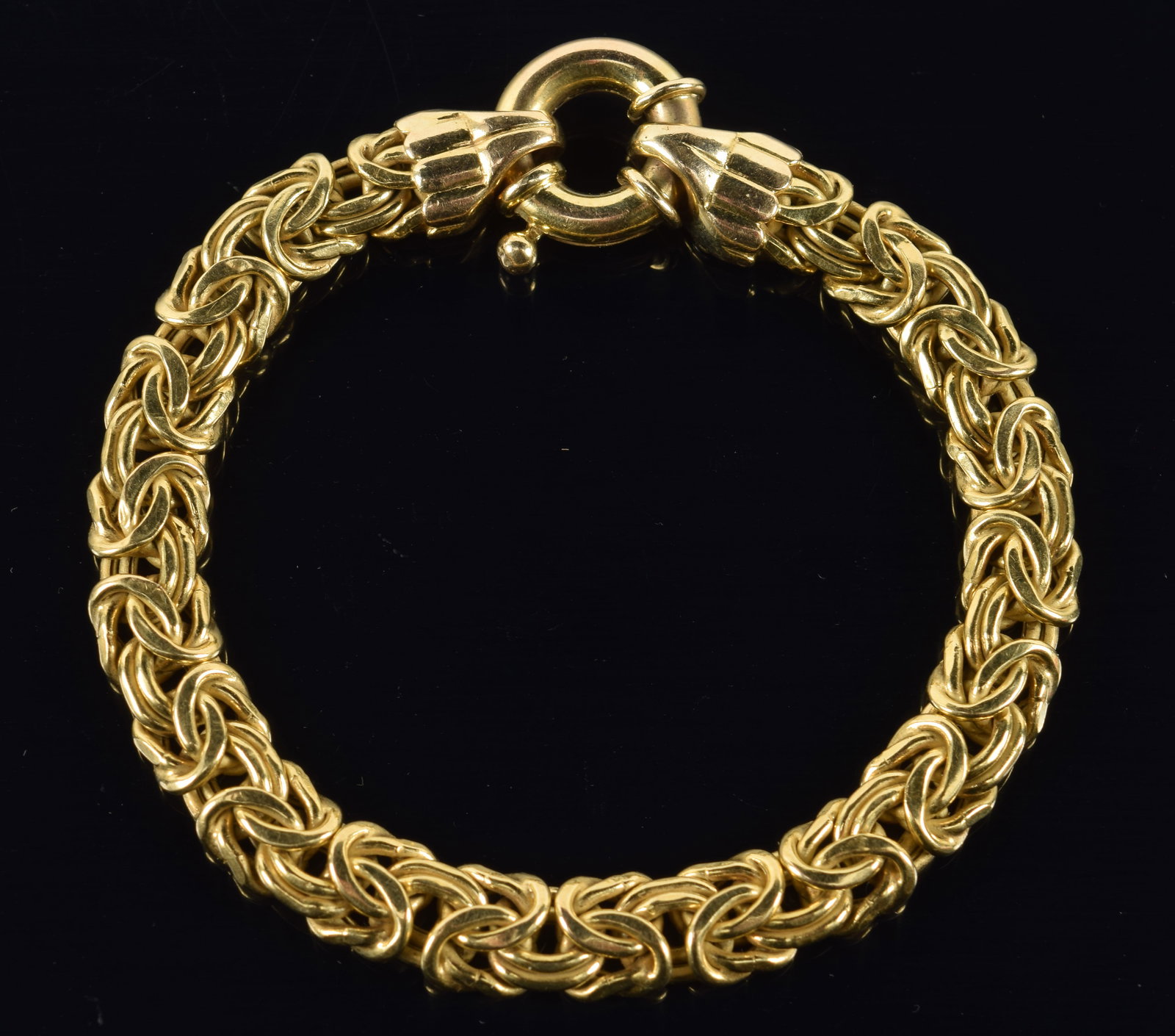 14K gold Byzantine link bracelet with large ring clasp. Marked 14K. 7.5in length. 20.9 grams. (1 of 6)