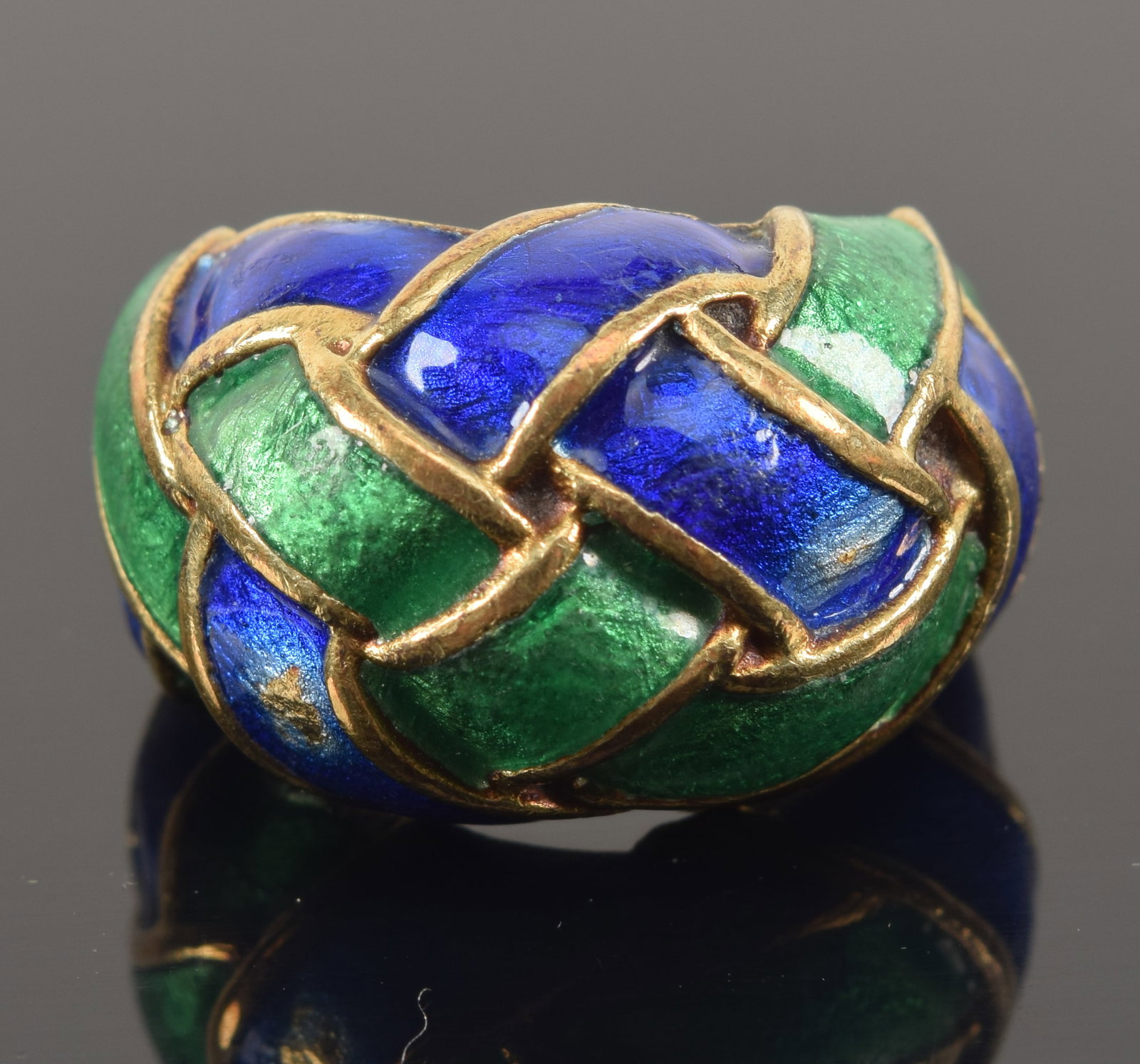 14K gold enamel decorated ring. Blue and green enamels in a woven design. Unmarked, tests as 14K.: 14K gold enamel decorated ring. Blue and green enamels in a woven design. Unmarked, tests as 14K. Ring size 5. 10.9 grams.