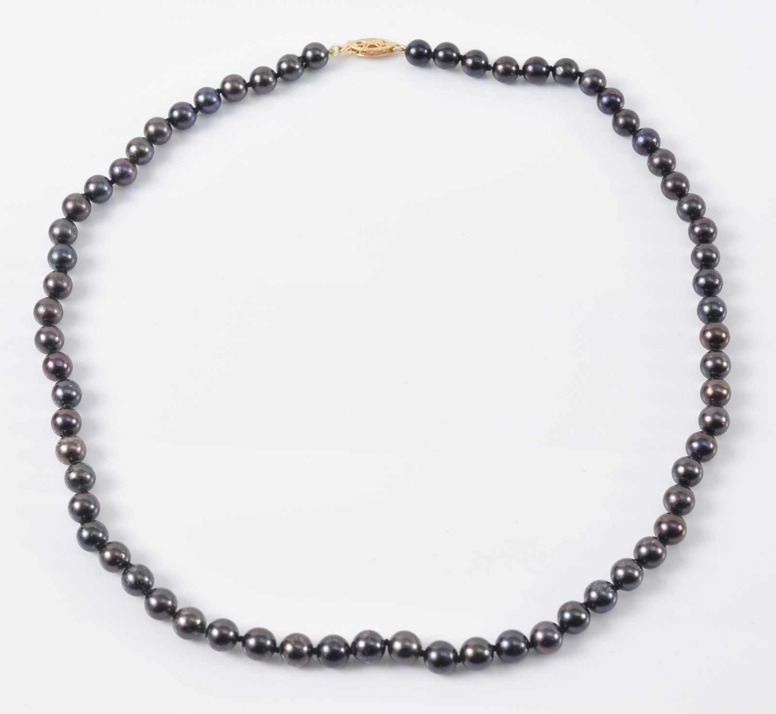 14K gold clasp black cultured pearl necklace. 17.5in length. Pearls each about 6.2mm diameter. Clasp: 14K gold clasp black cultured pearl necklace. 17.5in length. Pearls each about 6.2mm diameter. Clasp marked.