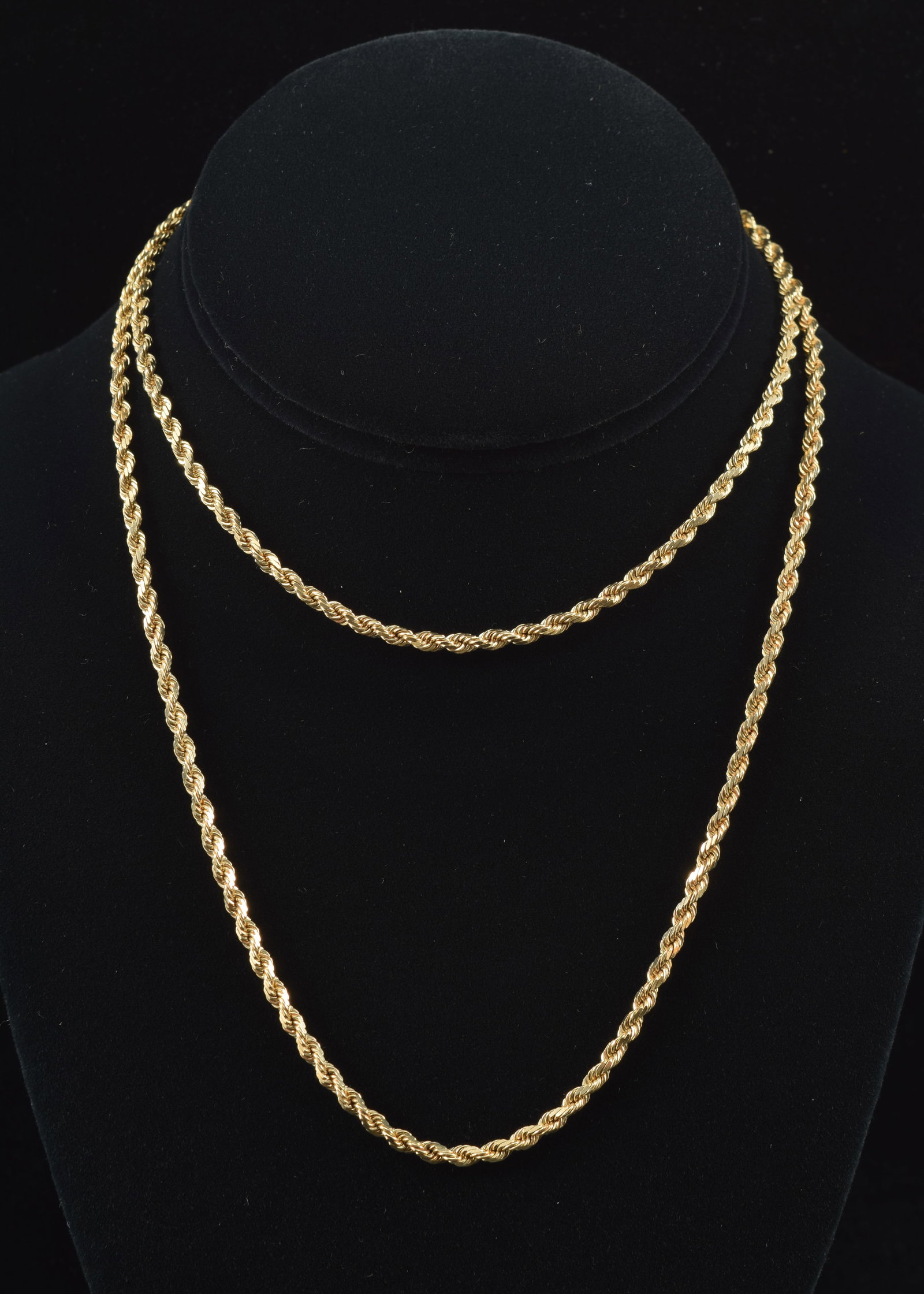 14K gold rope twist necklace. Clasp marked 14K. 30in length. 25.1 grams. (1 of 5)