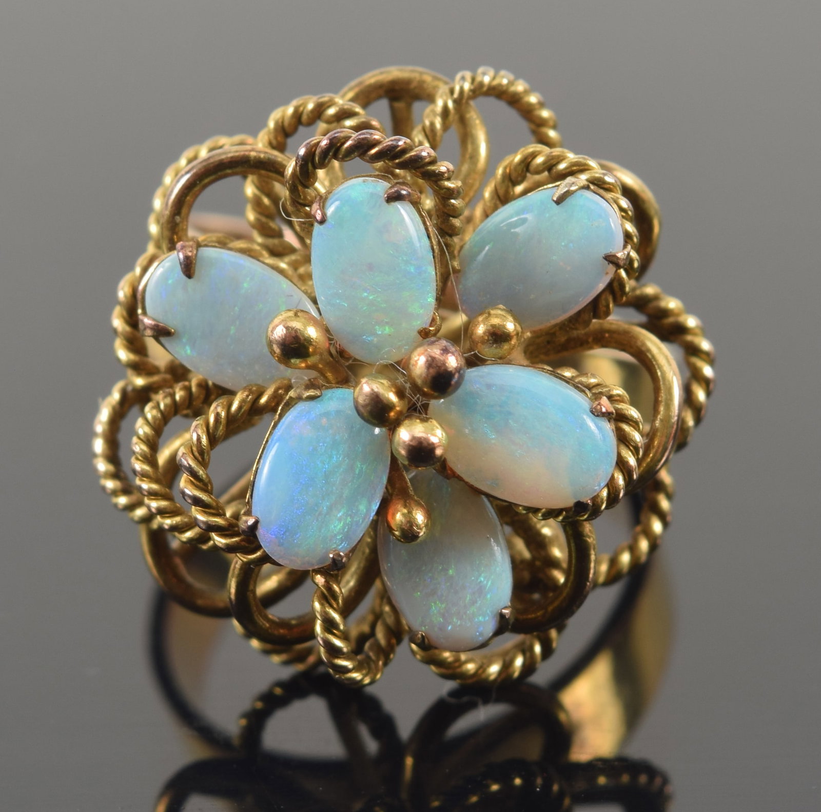 Vintage 14K gold opal mounted floral ring. Tiered setting with braided and smooth open petals, 6 (1 of 7)
