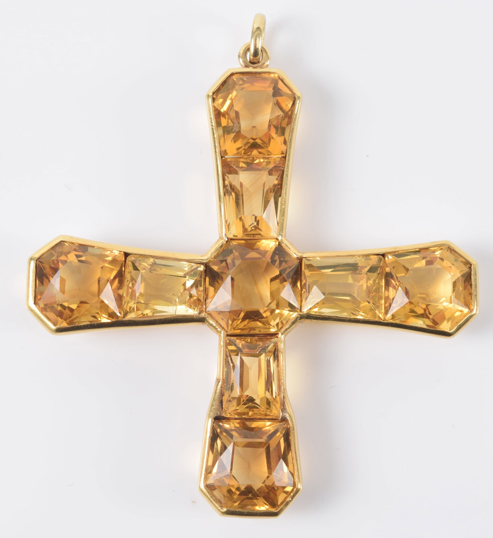 Victorian 14K gold citrine mounted large cross pendant. Central stone measures approx. 11.5 x: Victorian 14K gold citrine mounted large cross pendant. Central stone measures approx. 11.5 x 11.5mm. First stone left of center with extensive chip. Overall: 2 1/4 x 2 3/8in. 16.4 grams.