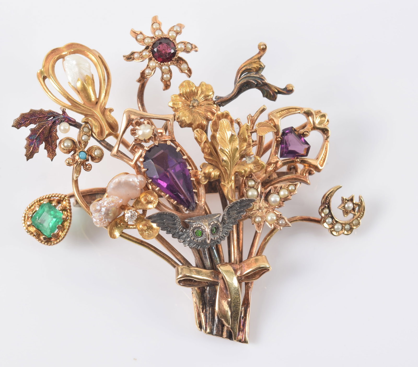 14K gold assembled multi-gemstone stick pin bouquet brooch. Made of assembled antique stick pins (1 of 6)