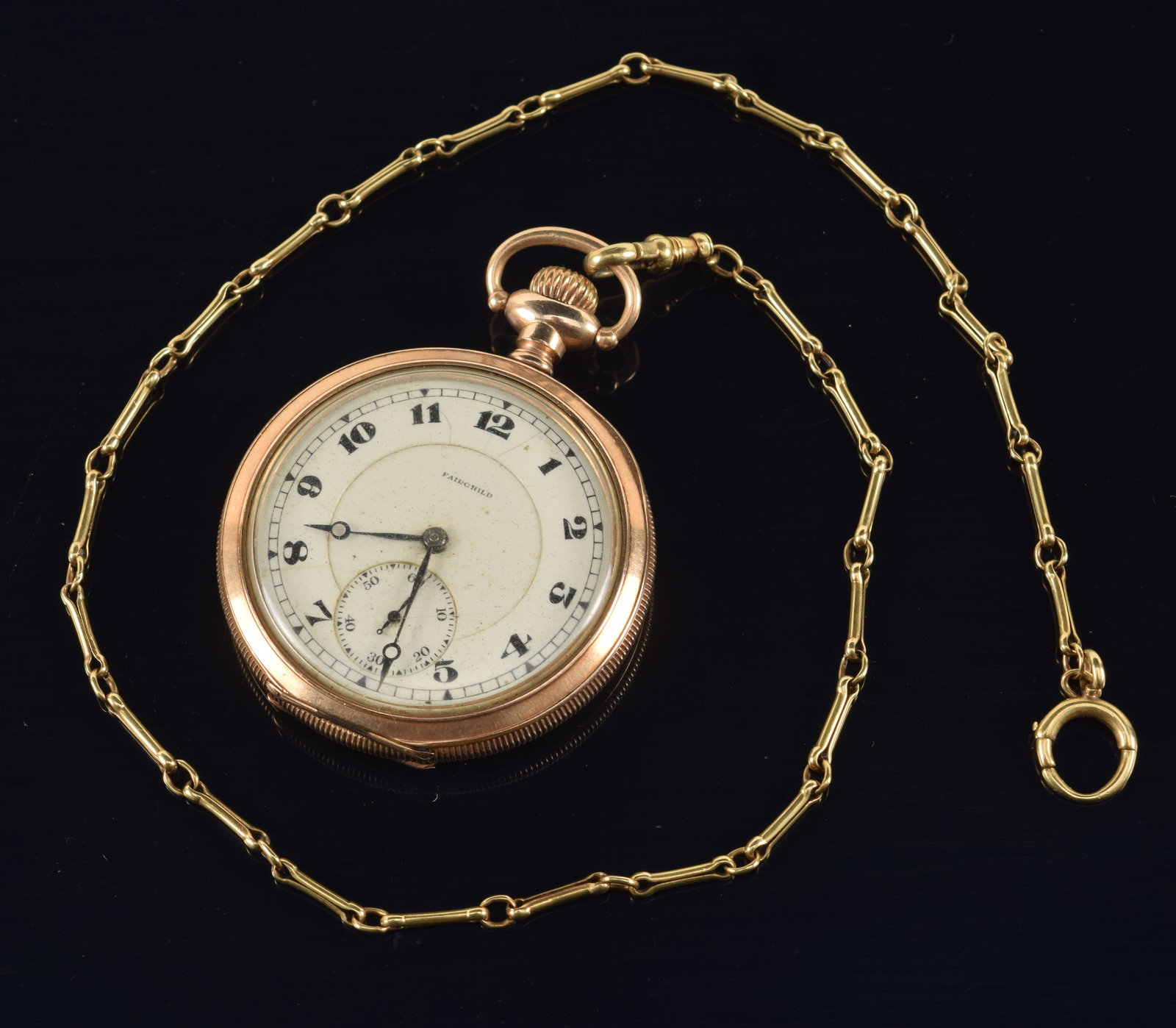 Antique 14K gold watch chain together with Fairchild gold filled pocket watch. 16in chain length. (1 of 3)