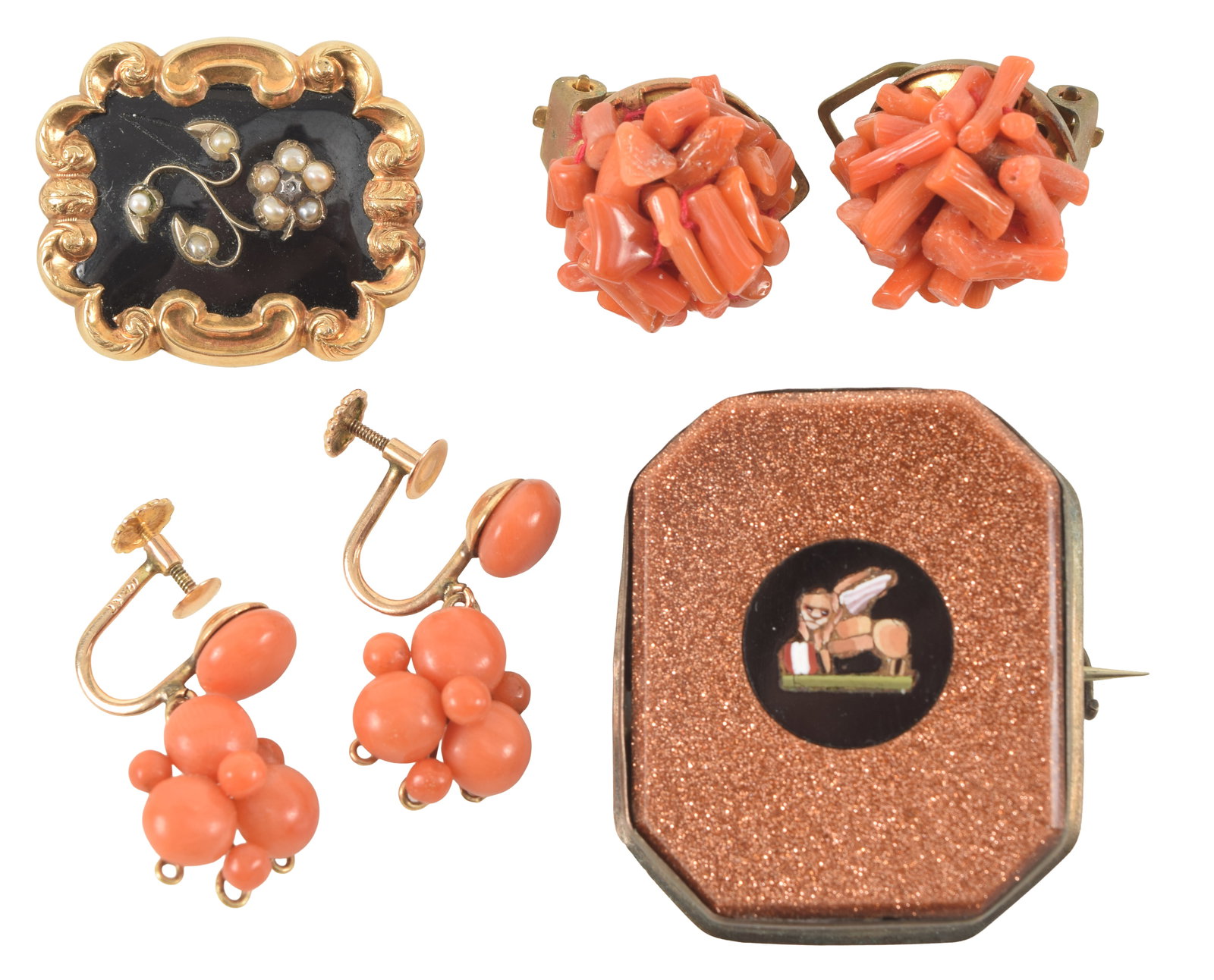 Lot of Antique jewelry, including gold. 1) 14K gold coral dangle earrings with screwbacks. Marked: Lot of Antique jewelry, including gold. 1) 14K gold coral dangle earrings with screwbacks. Marked 14KT. 2) Low karat gold framed Victorian mourning pin. 3) Coral cluster mounted earrings. 4) Mythical 