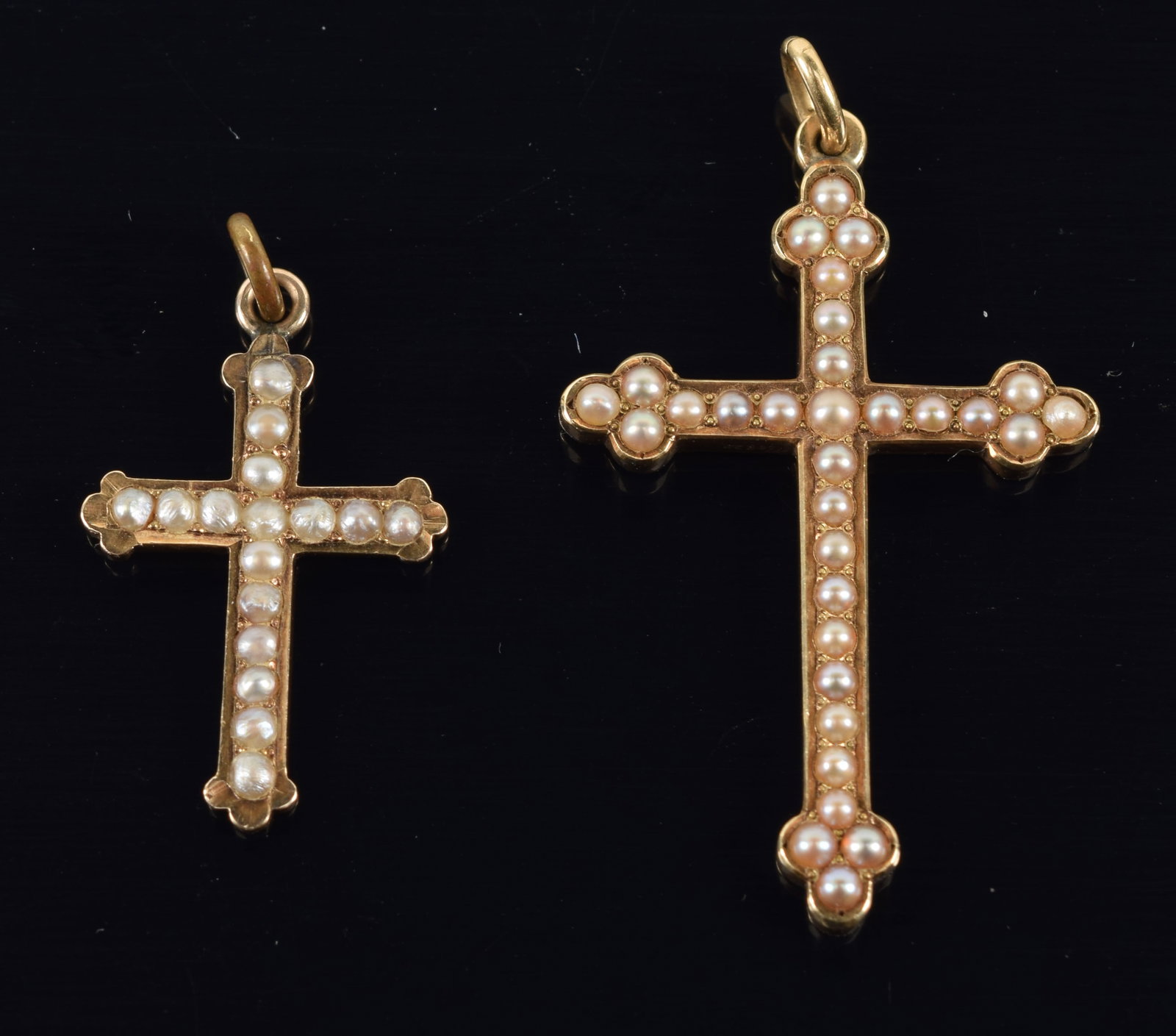 Victorian 14K gold mother and daughter cross pendants. Set with seed pearls. Largest 1 3/8in. 3.3: Victorian 14K gold mother and daughter cross pendants. Set with seed pearls. Largest 1 3/8in. 3.3 grams.