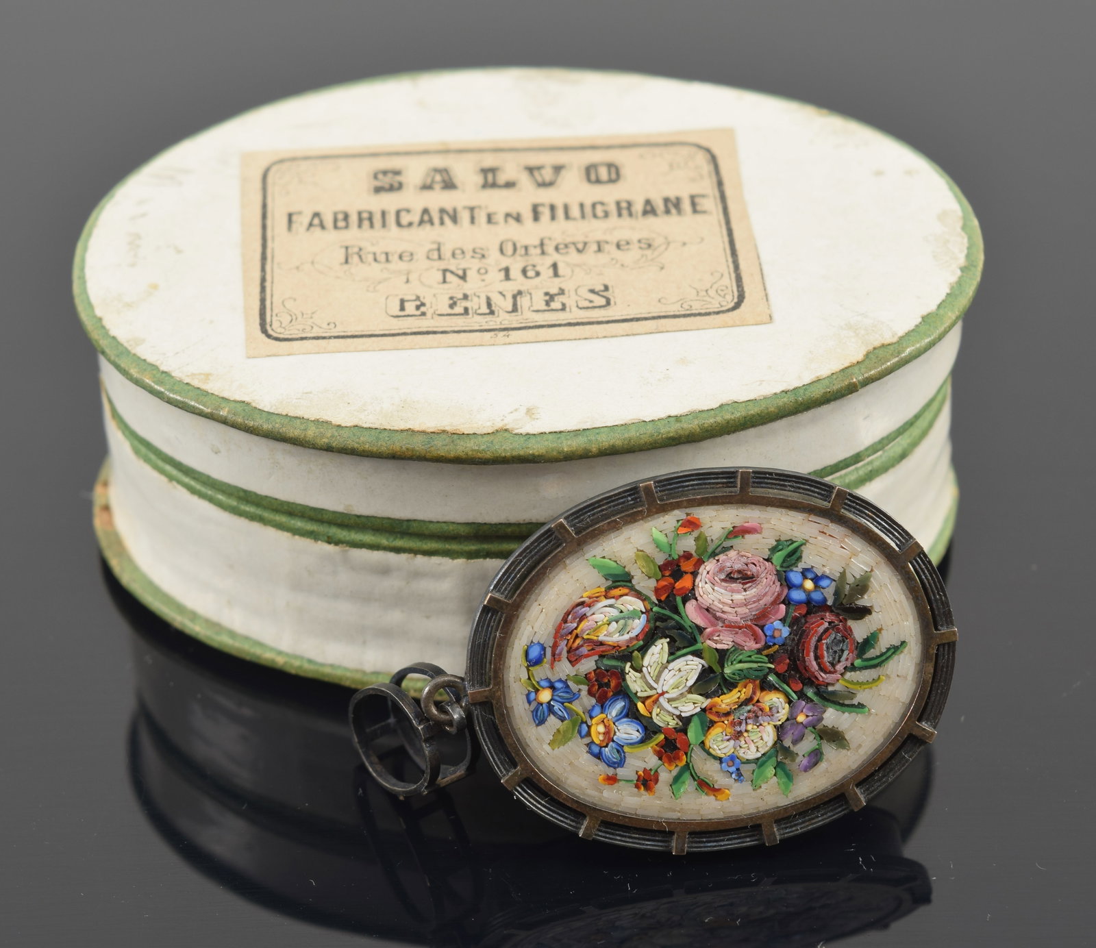 19th century French silver micro mosaic locket pendant in original box. Intricate floral bouquet (1 of 5)