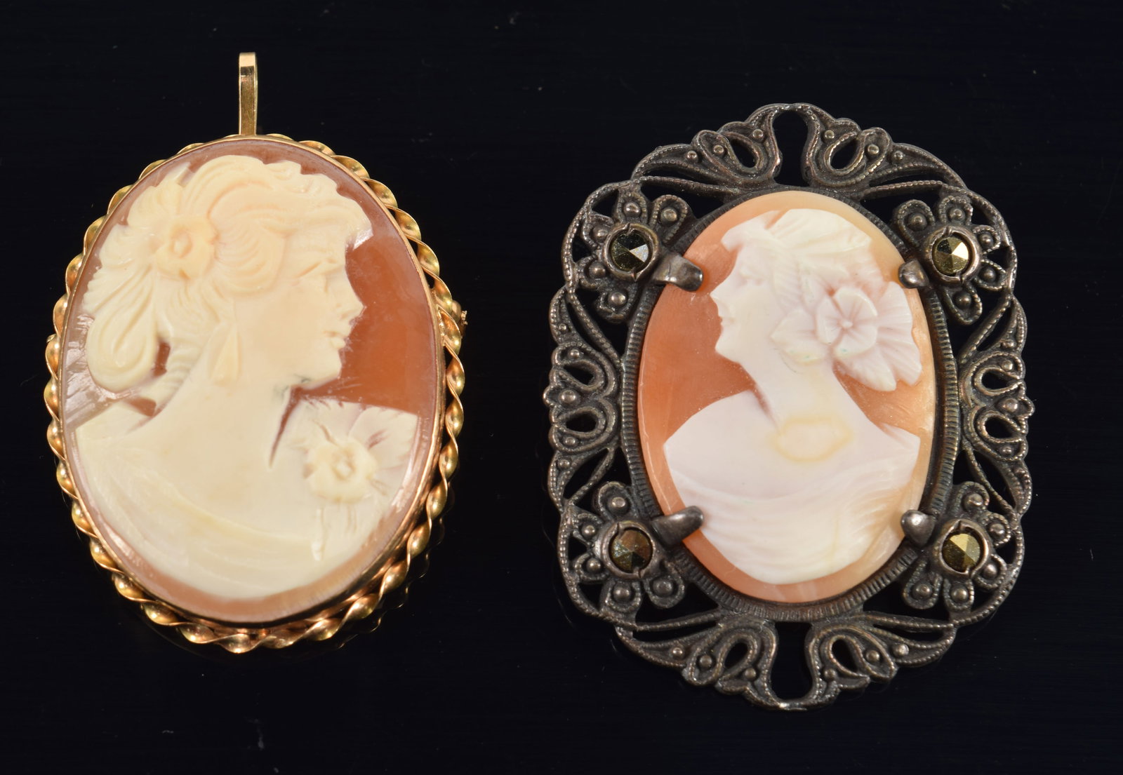 2 antique cameo pins. 1) 14K gold pin/pendant. Marked. 2) Filigree sterling silver frame. Largest (1 of 3)