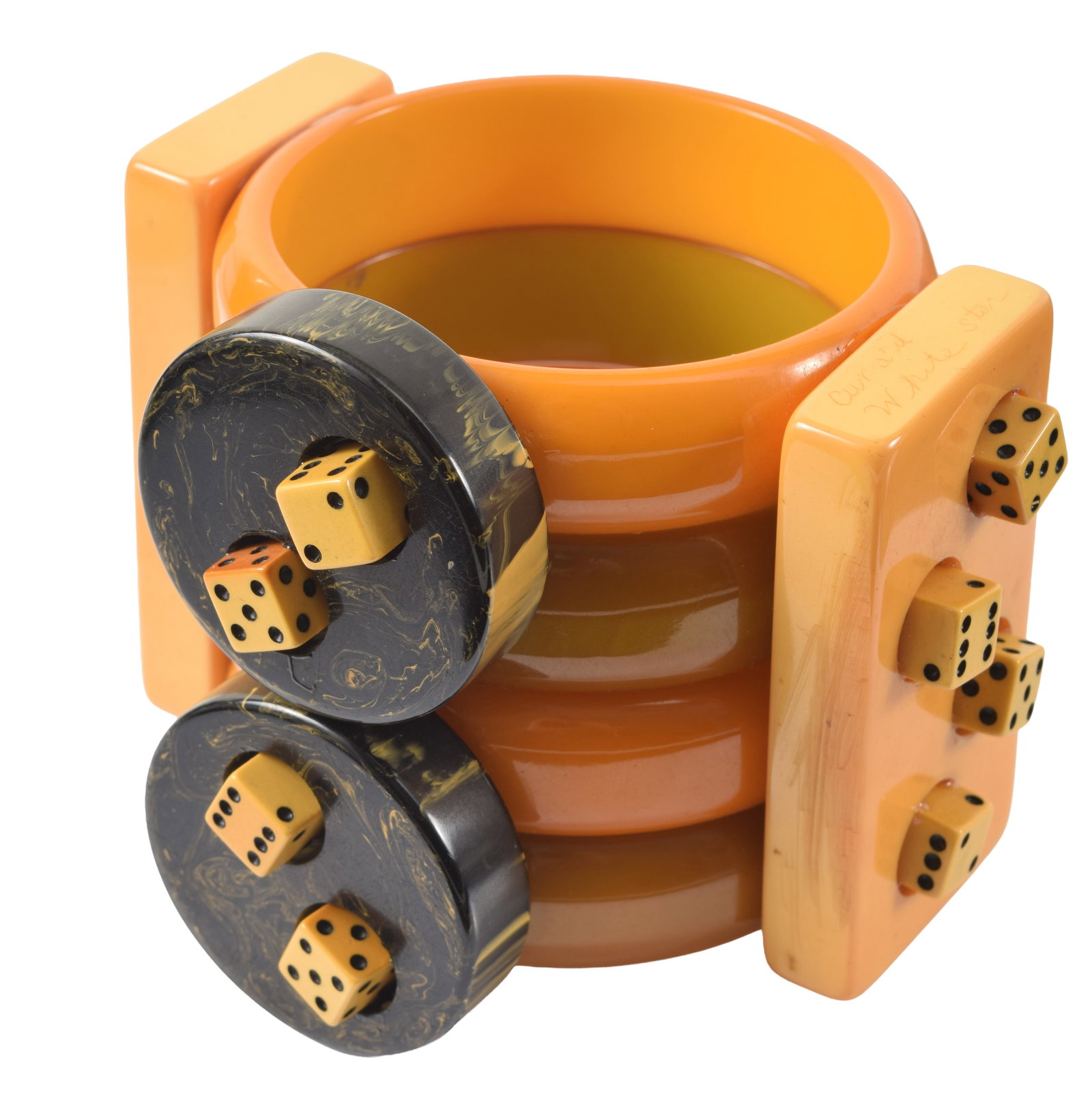 Art Deco gambling inspired Bakelite dice and bangles bracelet. Composed of 4 individual bangles in (1 of 6)