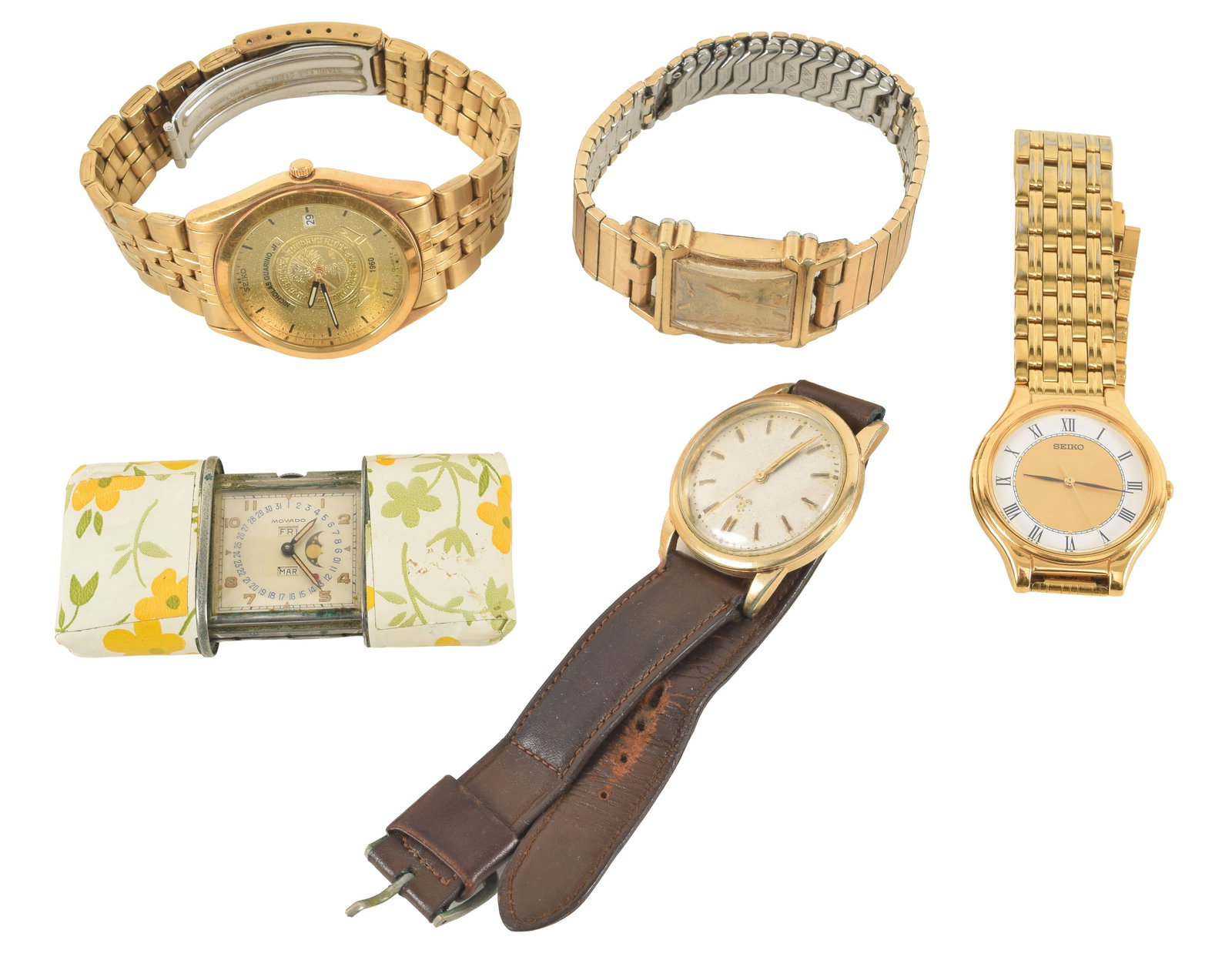 5 vintage watches including a Movado travel clock.: 5 vintage watches including a Movado travel clock.