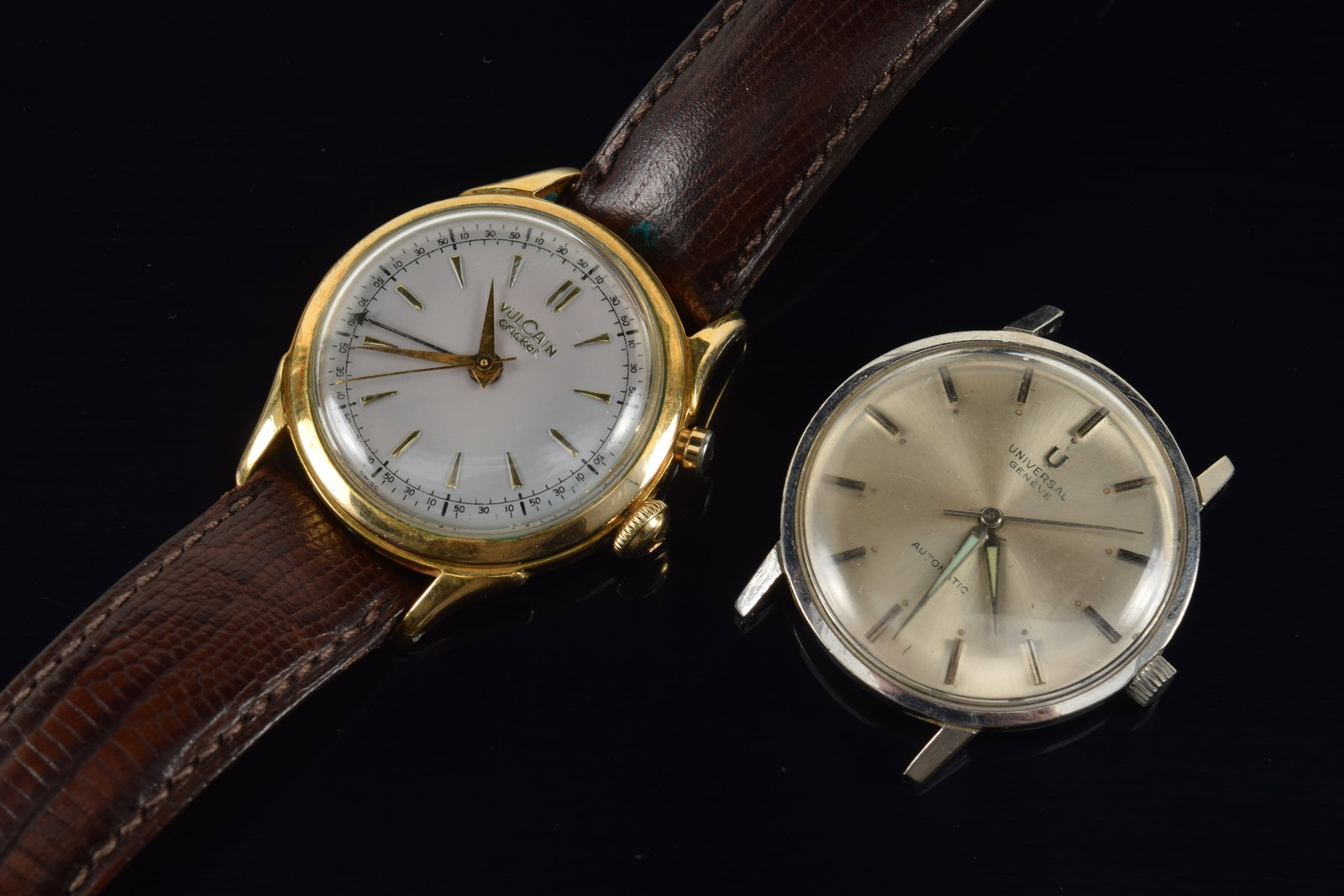 2 men's wristwatches. 1) Vulcain cricket watch with leather band. Gold tone metal and stainless (1 of 4)
