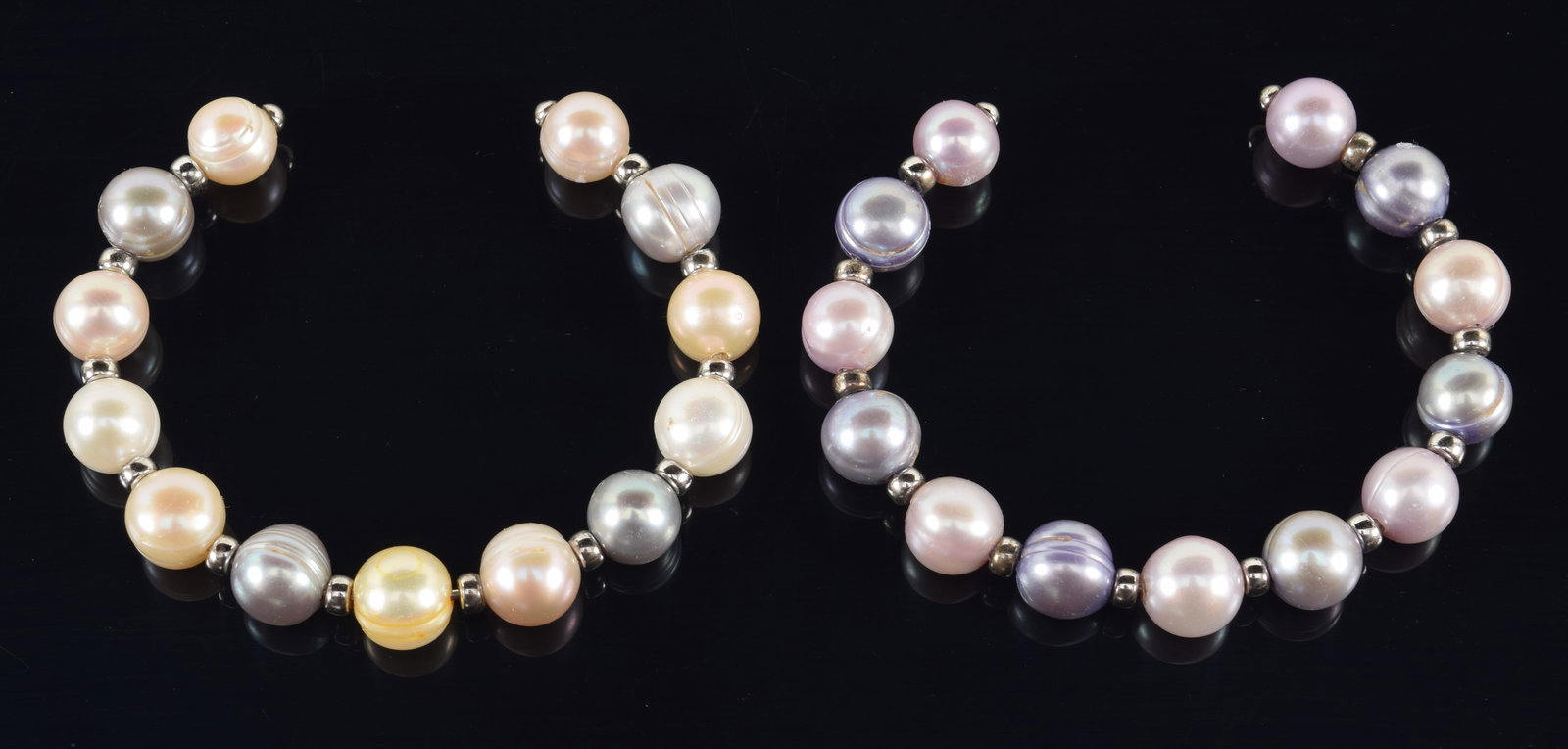 Pair of multi-color freshwater pearl cuff bracelets with silver beads. 2.75in wide. (1 of 3)