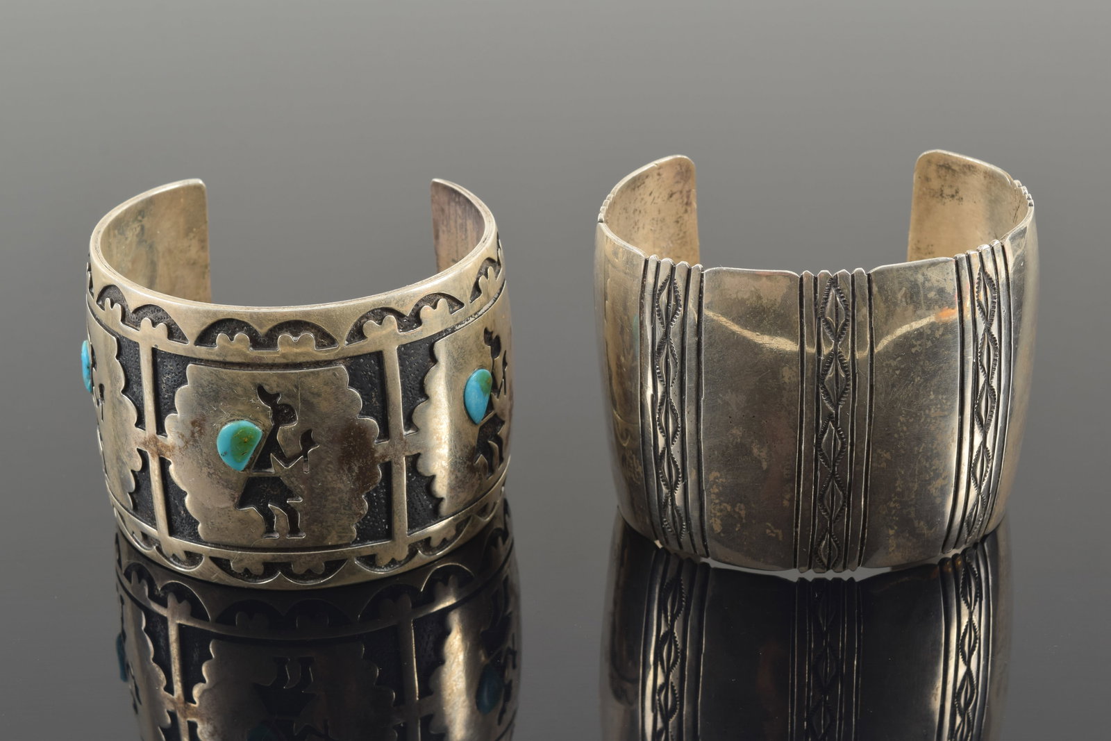 2 large southwest Native American sterling silver cuff bracelets. 1) Recessed design of figures (1 of 5)
