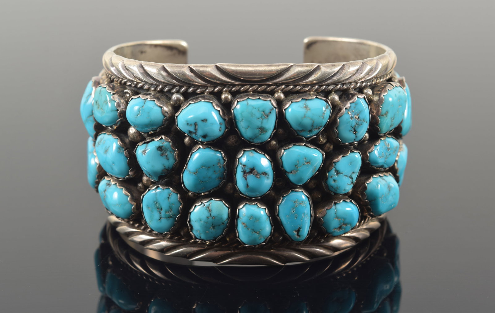 Spencer southwest Native American heavy turquoise mounted sterling silver cuff bracelet. Marked (1 of 6)