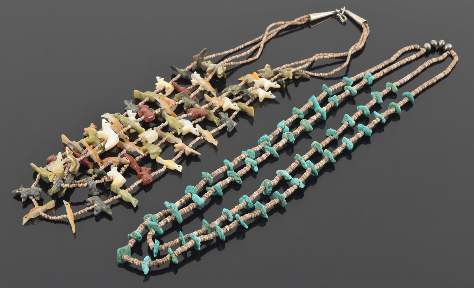 2 Native American fetish necklaces. One mounted with multi-stone animals, including birds and bears, (1 of 7)
