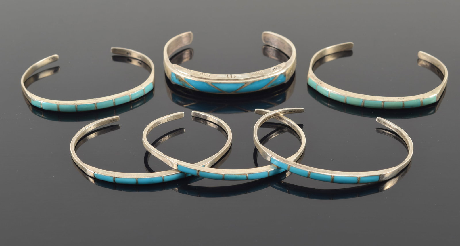 6 southwest Native American sterling silver and turquoise cuff bracelets. To include: 3 skinny (1 of 8)