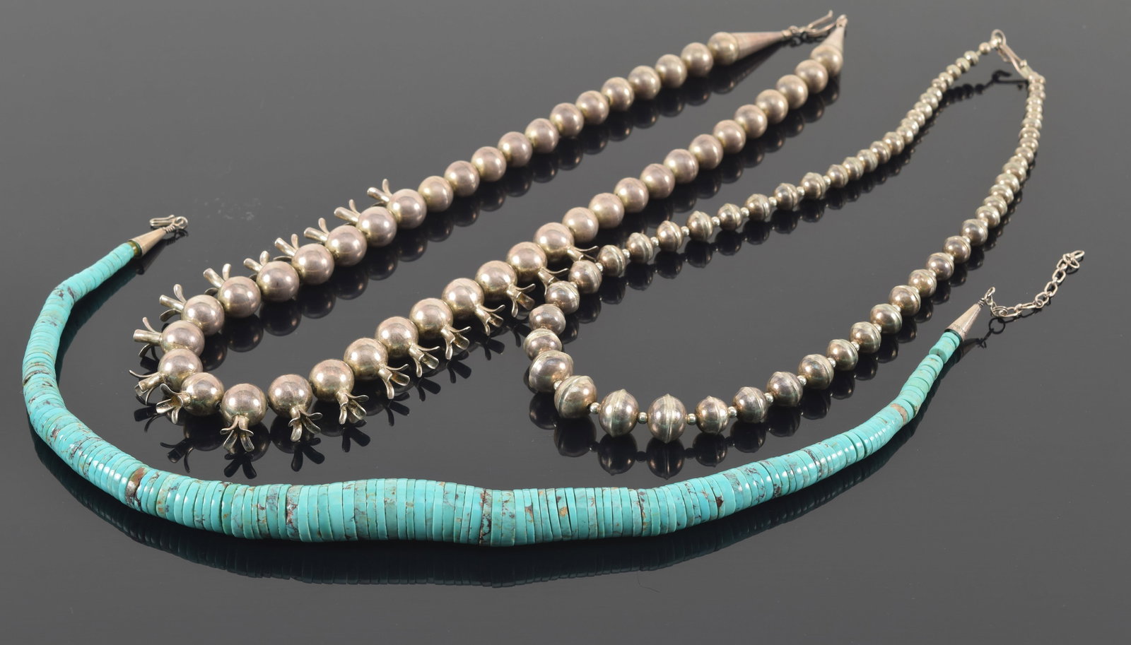 Lot of 3 southwest Native American necklaces. 1) Squash blossom bead necklace. 20in length. 2) (1 of 4)