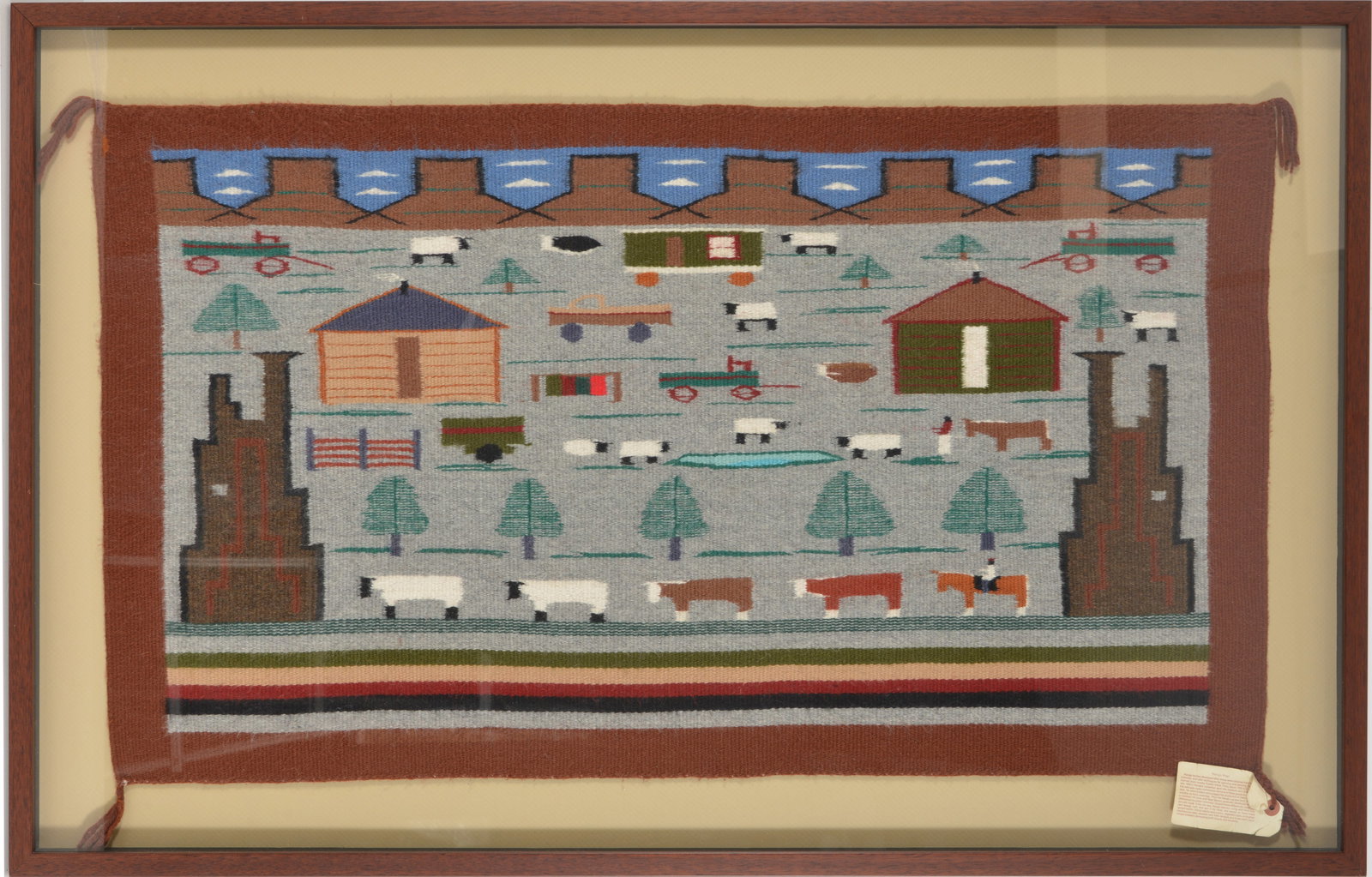 Navajo pictorial wool rug. Scene with sheep and cattle livestock, buildings, wagons, and figures. (1 of 5)