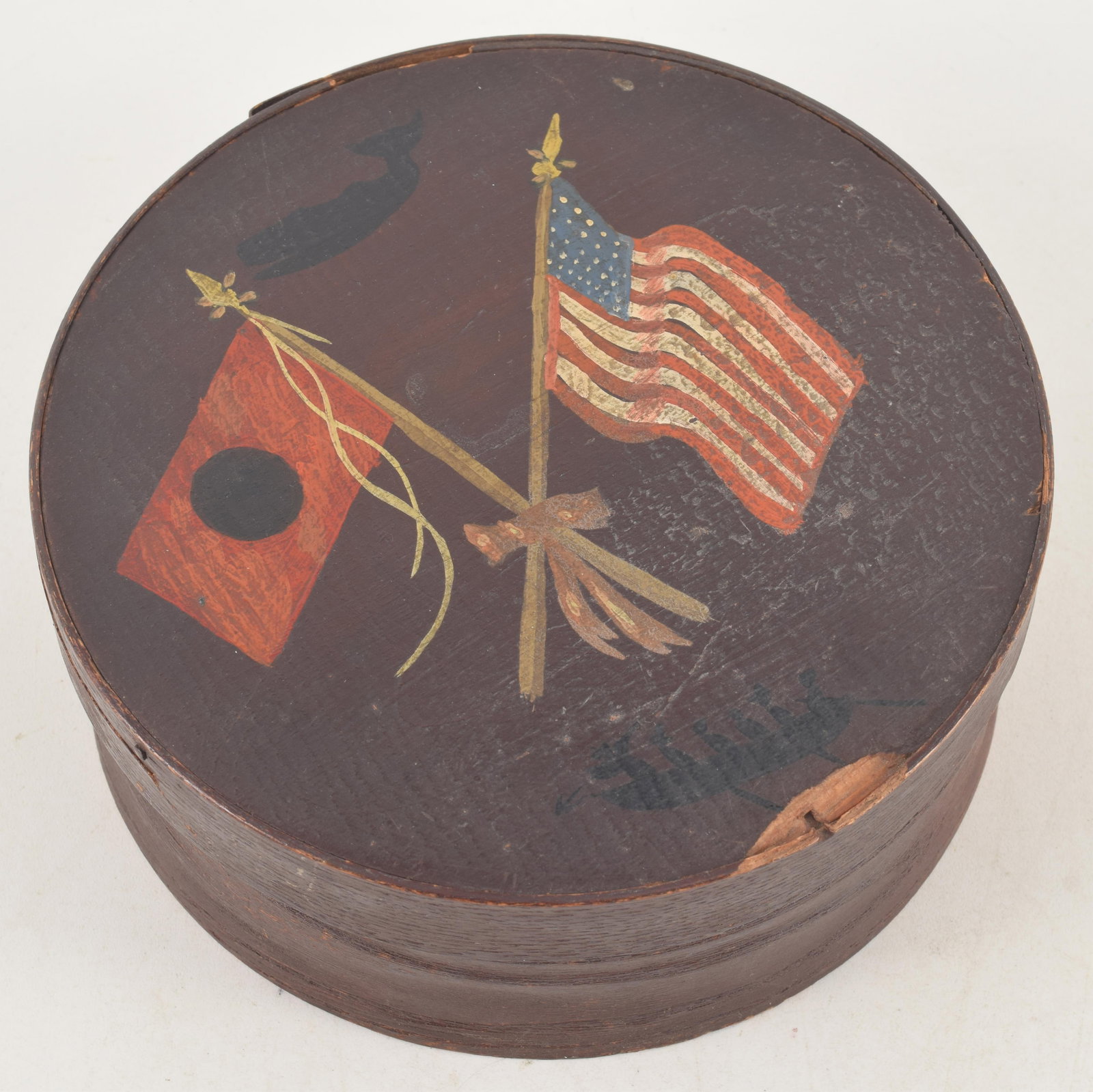 19th century American whaling paint decorated pantry box. Lid decorated with silhouette of a whale: 19th century American whaling paint decorated pantry box. Lid decorated with silhouette of a whale at the top and whalers in a row boat at the bottom. Crossed American and marine flag in center. Minor
