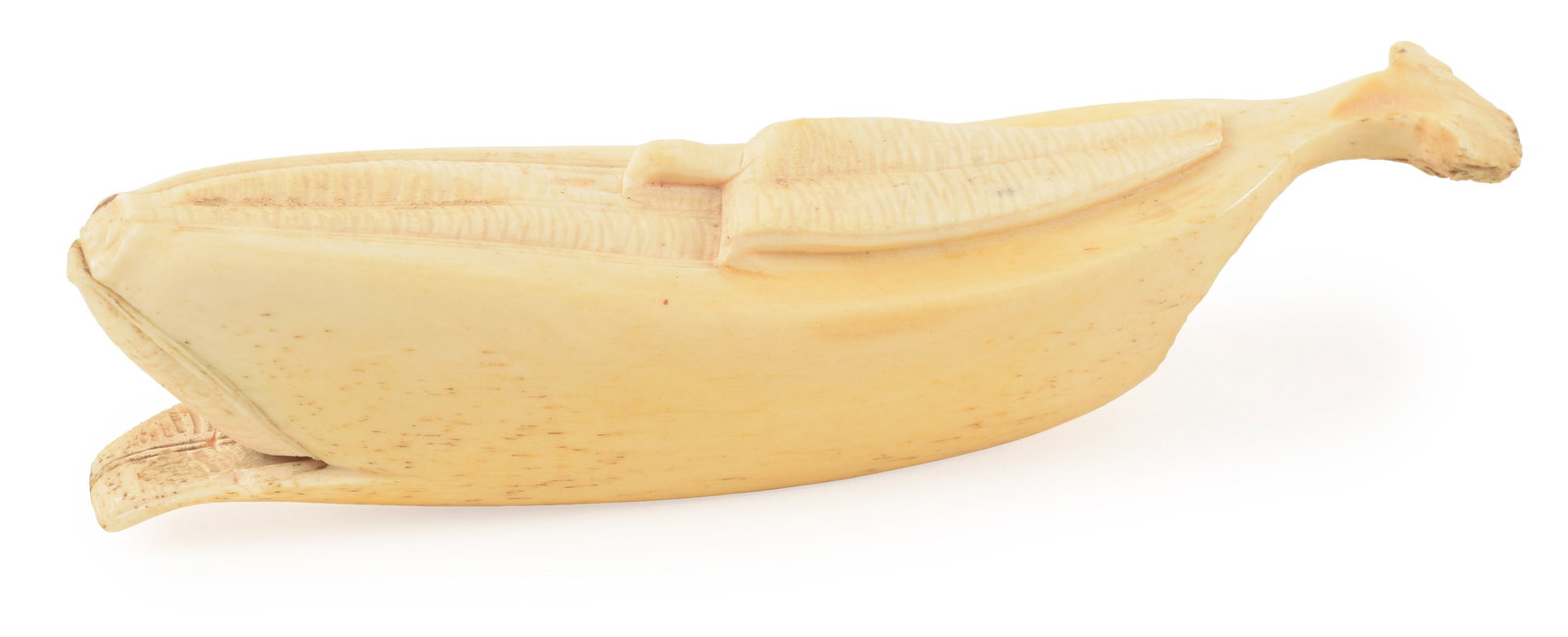 19th century sailor made carving of a whale in the form of a peeling plantain. Old loss on front: 19th century sailor made carving of a whale in the form of a peeling plantain. Old loss on front bottom peel. 5.5in length. Provenance: From the Rex Stark collection of Gardner, Massachusetts.