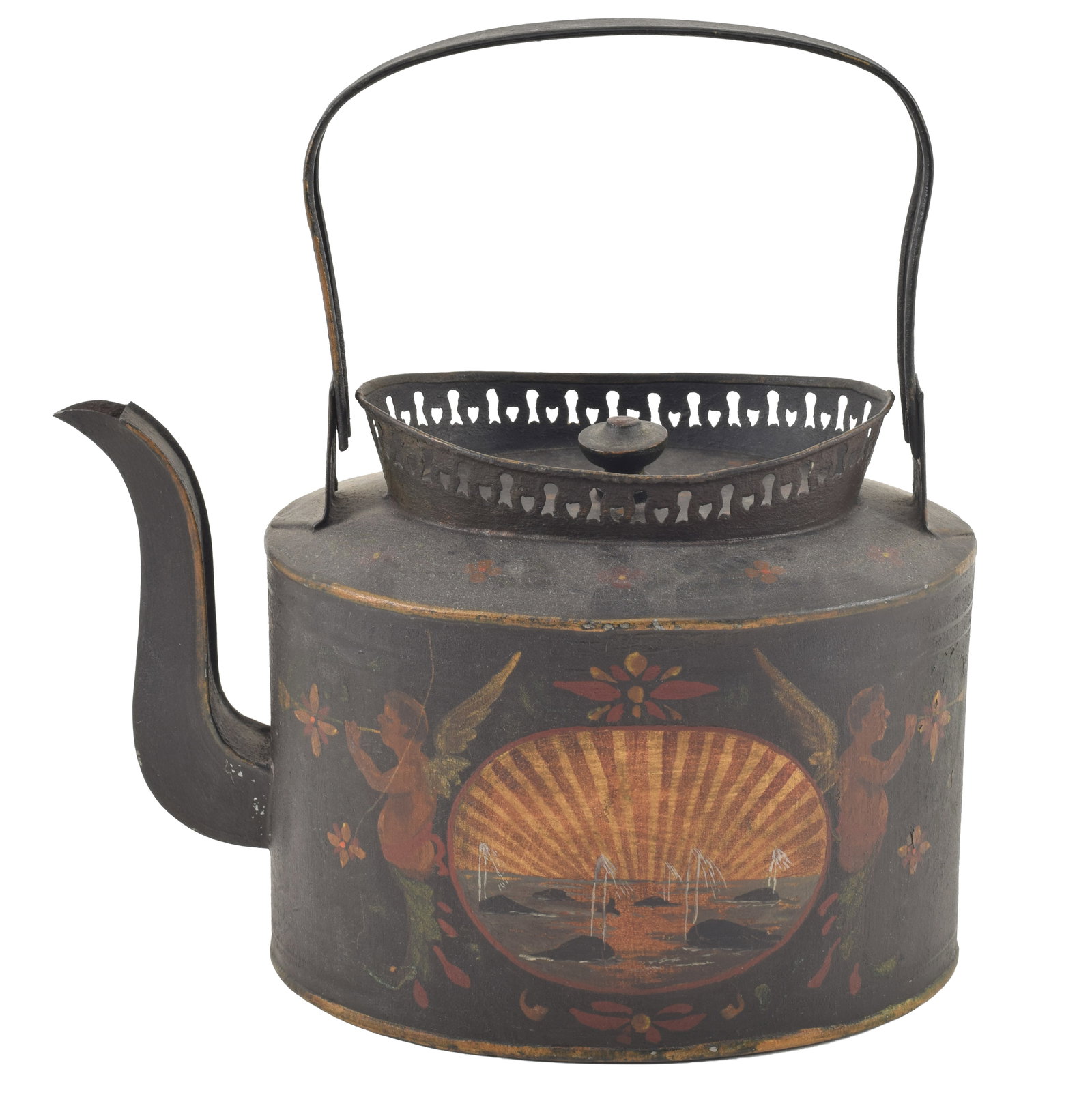 Unusual American whaling scene decorated tole ware teapot, early 19th century. Each side of the: Unusual American whaling scene decorated tole ware teapot, early 19th century. Each side of the teapot is adorned with hand painted whaling scenes, including one with whaling ship and sailors at work 