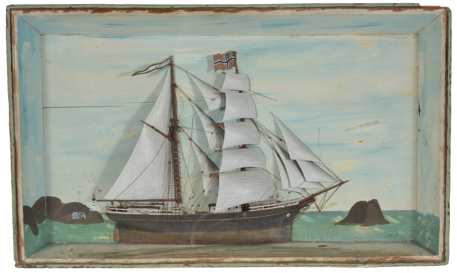 19th Century Ship diorama shadowbox with ship flying Danish flag and "Olivia" on a background (1 of 8)