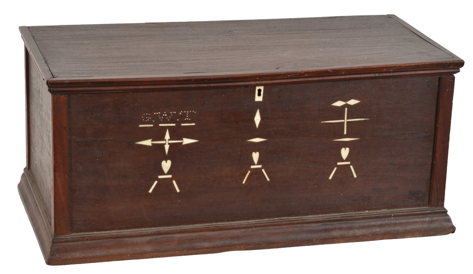 19th century sailor made inlaid hardwood box. Geometric and heart bone inlaid designs and initialed (1 of 6)
