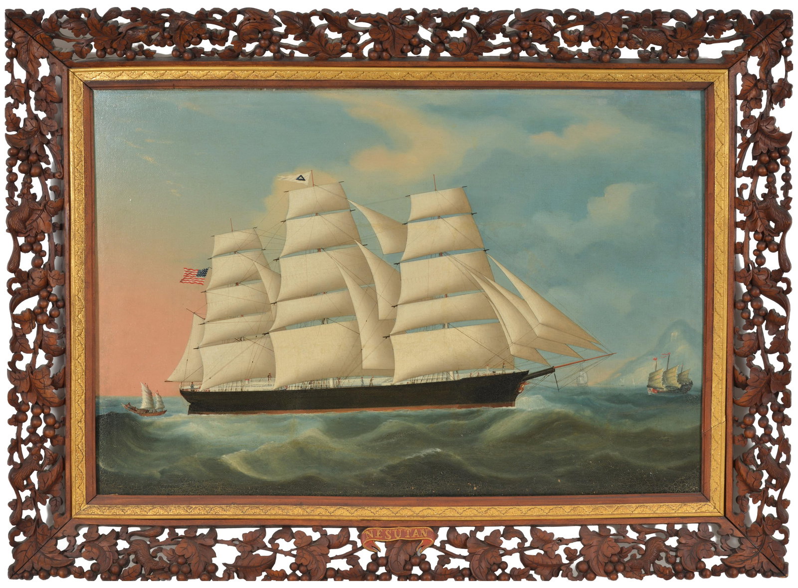 Chinese School, 19th Century. Portrait of the clipper ship Nesutan approaching Hong Kong. Flying: Chinese School, 19th Century. Portrait of the clipper ship Nesutan approaching Hong Kong. Flying American flag with figures on deck, among various junks and other ships. In fine original China trade c