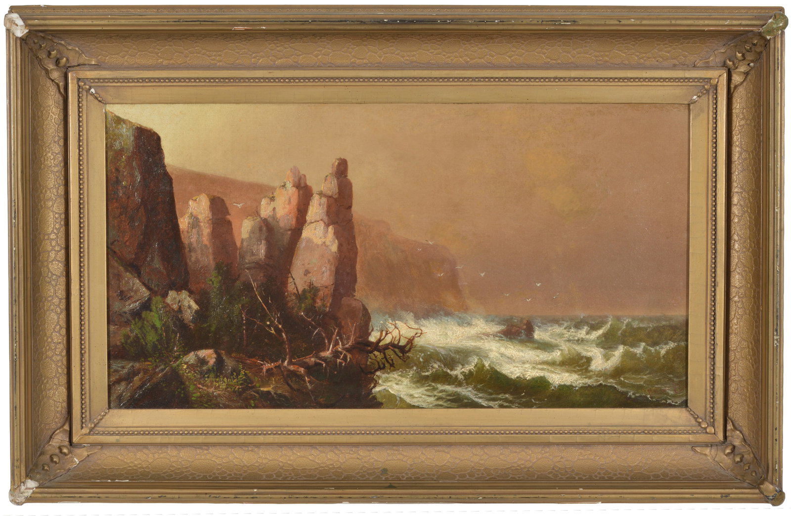 Harrison Bird Brown. Maine. Grand Manan seascape. Oil on canvas. Signed and dated lower right,: Harrison Bird Brown. Maine. Grand Manan seascape. Oil on canvas. Signed and dated lower right, possibly 1879. Sight: 12 x 22in. Overall: 19 x 29in.