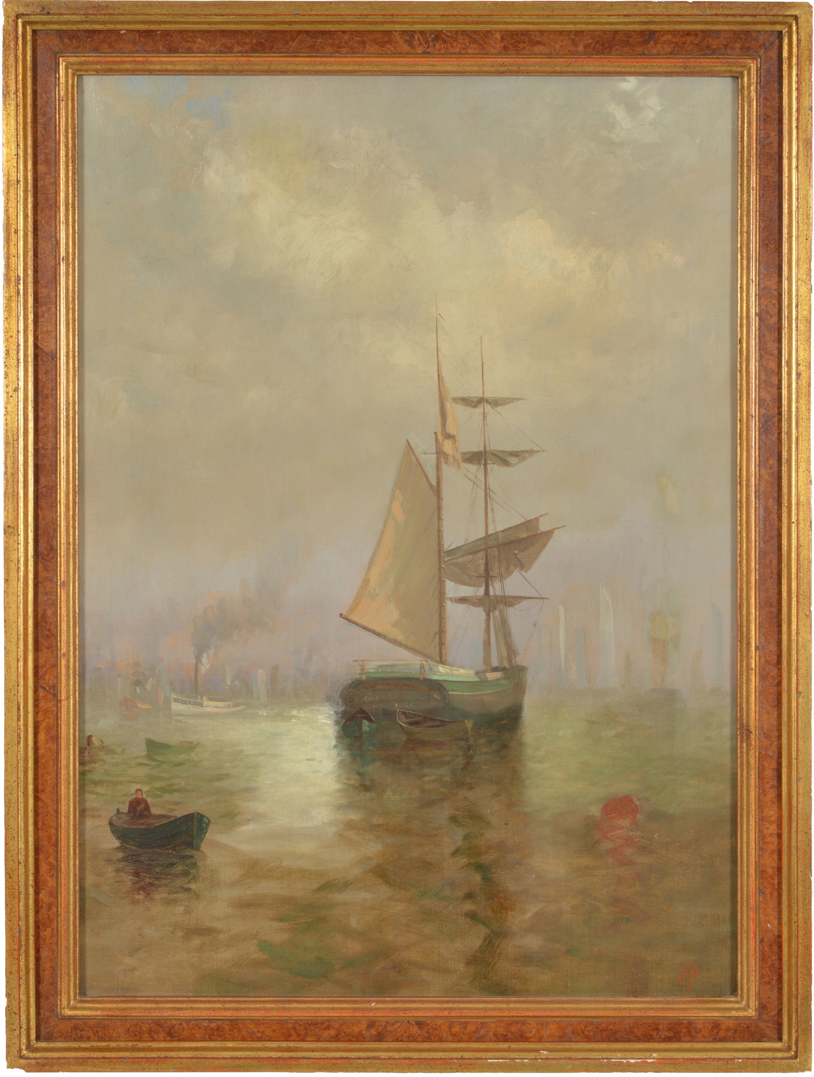 Harrison Bird Brown. Maine. Large busy harbor scene with steamship, sailboats, and city in (1 of 8)