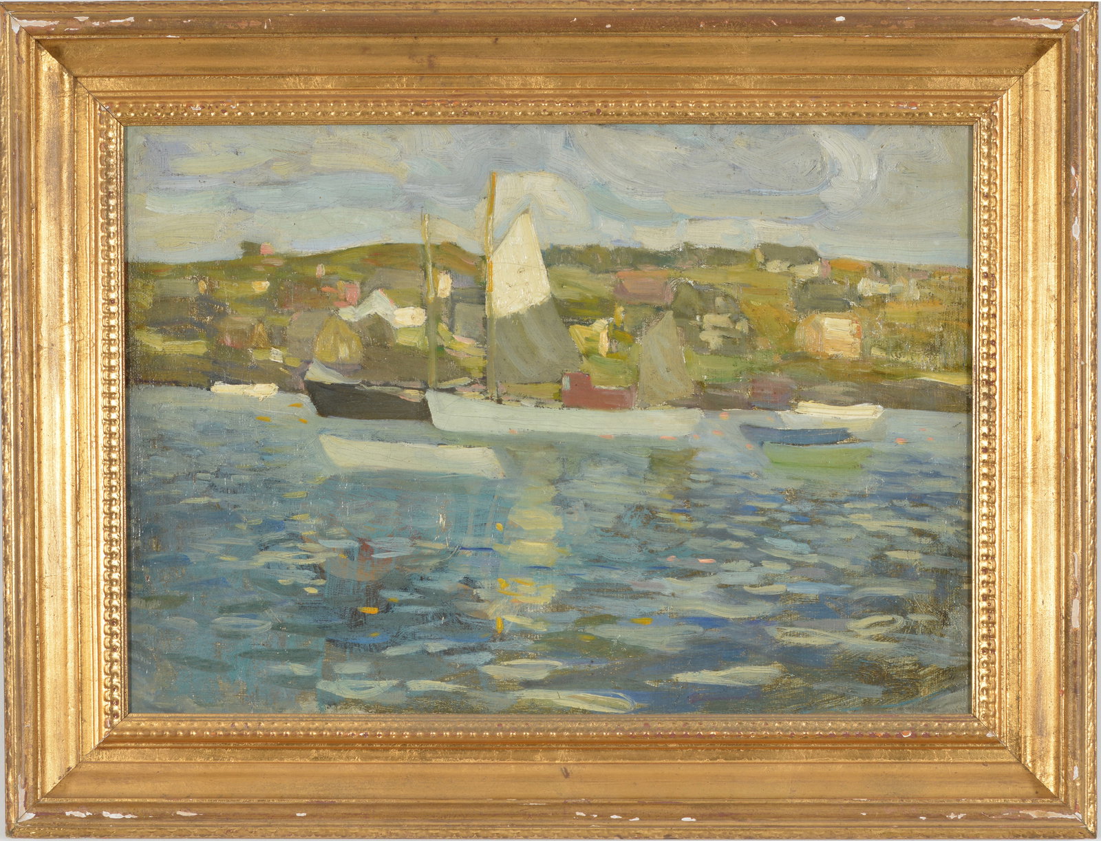 Eric Hudson. Maine. Coastal island landscape with sailboats in the ocean, possibly Monhegan. Oil on: Eric Hudson. Maine. Coastal island landscape with sailboats in the ocean, possibly Monhegan. Oil on canvas. Framed. Artist's Estate stamp on reverse along with family testimonial. Relined. Sight: 14 x