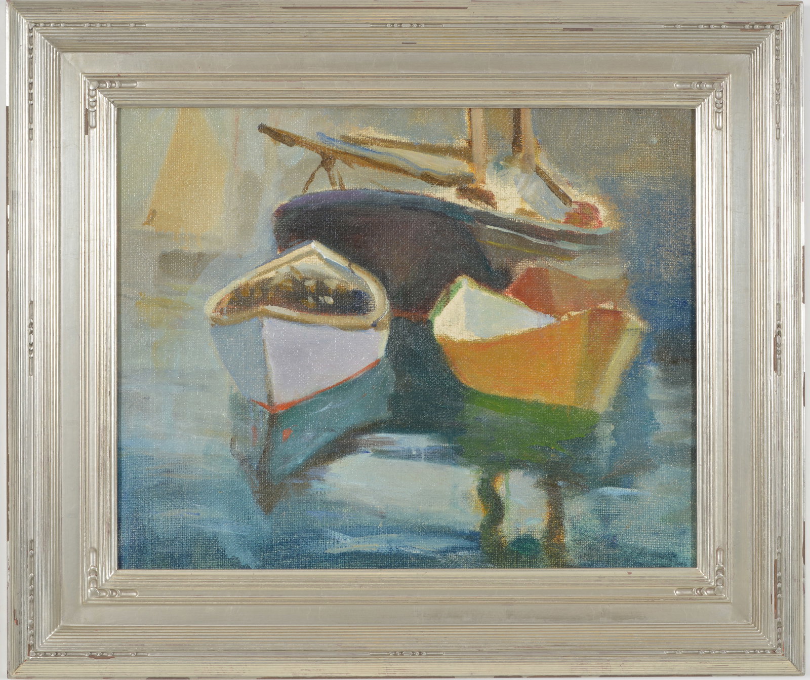 Eric Hudson. Maine. Harbor scene with bogs in the fog. Oil on canvas. Framed. Artist's Estate stamp: Eric Hudson. Maine. Harbor scene with bogs in the fog. Oil on canvas. Framed. Artist's Estate stamp on stretcher. Sight: 16 x 20in. Overall: 23 x 27in.