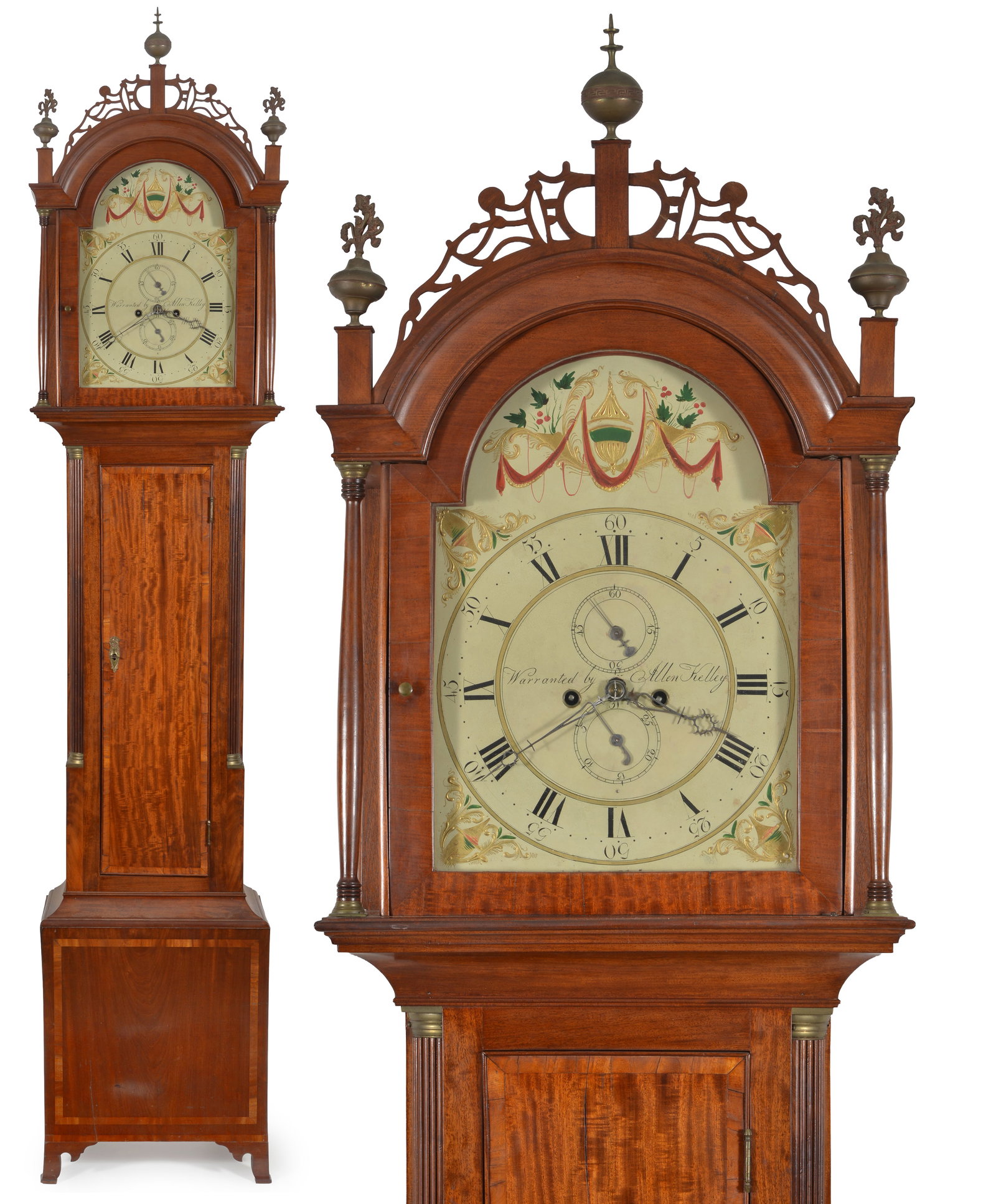 Allen Kelley mahogany and inlaid tall clock in a Boston manner, circa 1810. Pierced fretwork above a: Allen Kelley mahogany and inlaid tall clock in a Boston manner, circa 1810. Pierced fretwork above a dial with garland decoration and seconds bit and calendar bit, signed Warranted by Allen Kelley. Th