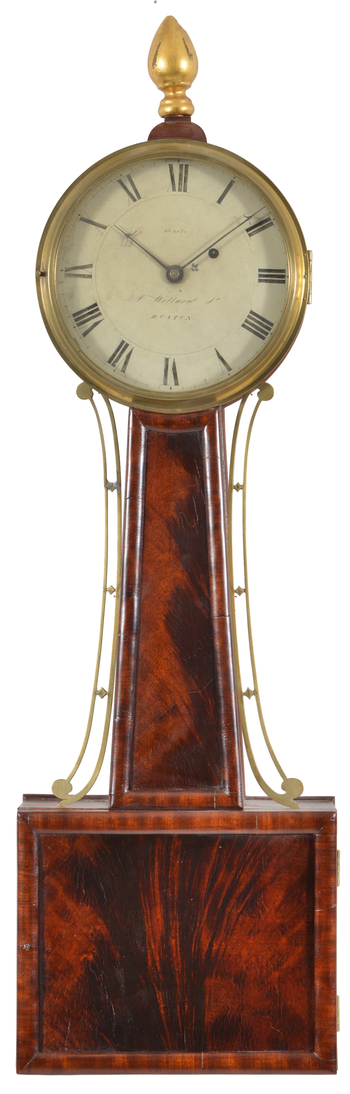 Aaron Willard Jr. wood front banjo clock with a signed dial numbered No. 1870. The gilt flame form (1 of 8)