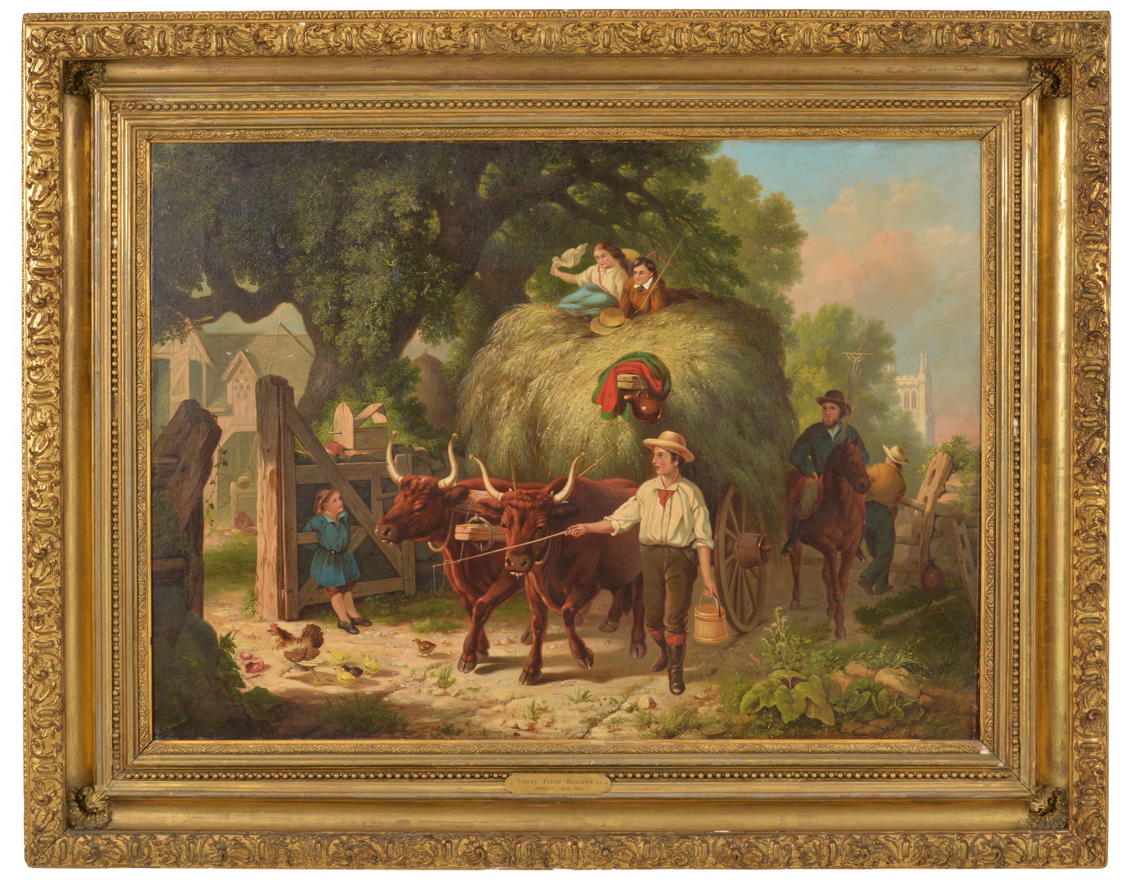 Albert F. Bellows. Massachusetts. Early 1850s. Bucolic scene with figures and children titled: Albert F. Bellows. Massachusetts. Early 1850s. Bucolic scene with figures and children titled "Bringing Home the Hay". Probably New York. Oil on canvas. Original frame. Fine condition. Provenance of C