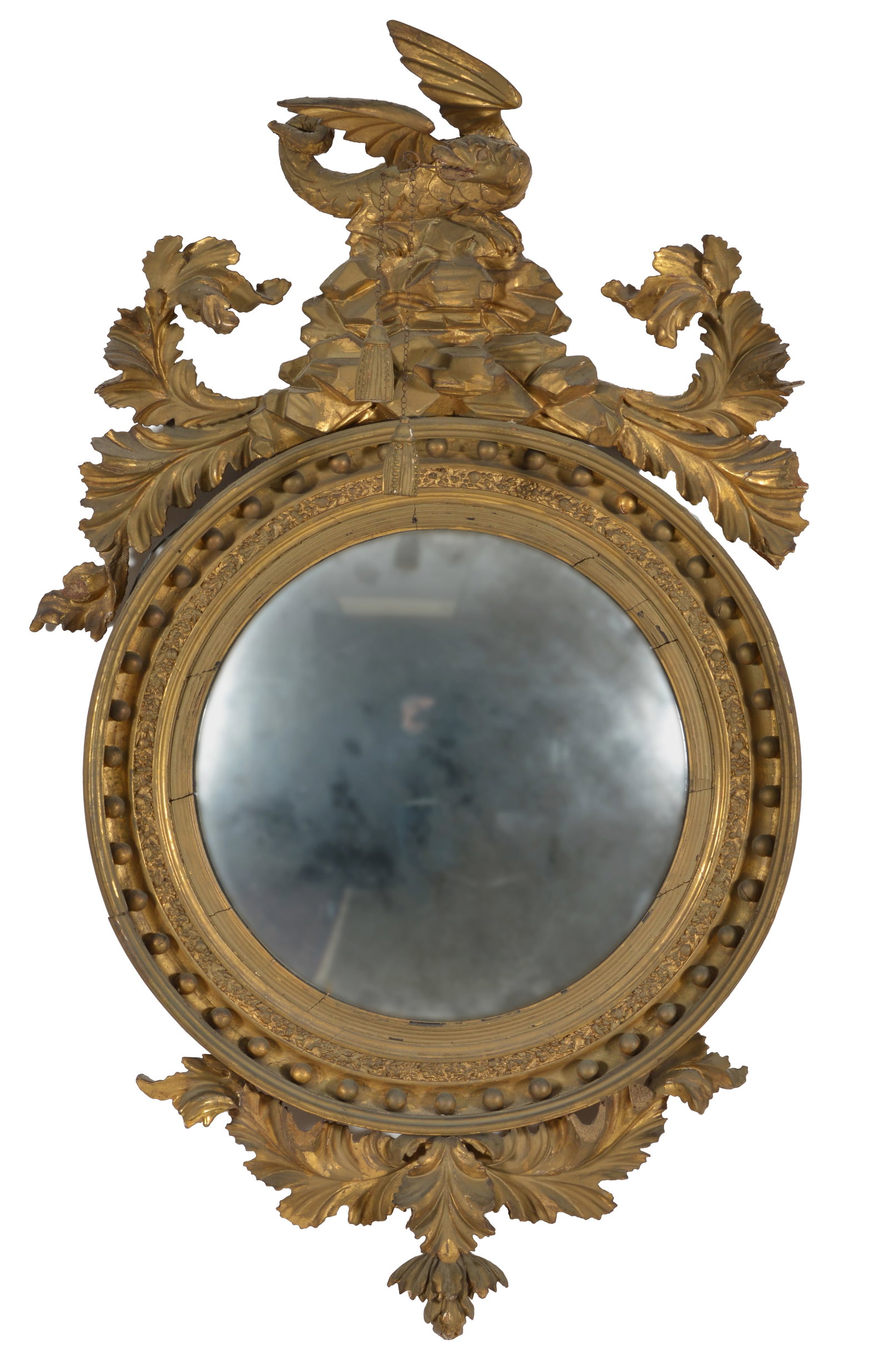 Classical dragon decorated giltwood girandole mirror with foliate brackets and drop, circa 1820. (1 of 12)