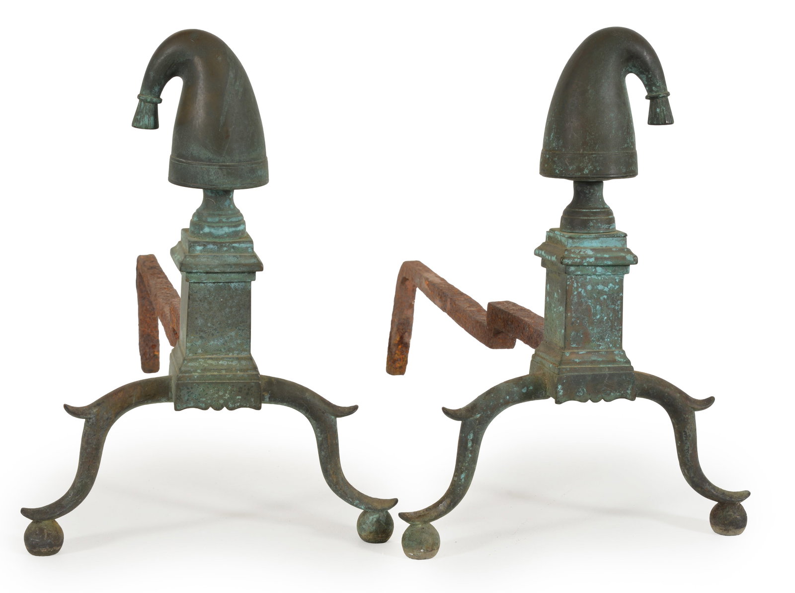 Pair of Liberty cap brass andirons with scrolled cabriole legs and ball feet, late 18th Century.: Pair of Liberty cap brass andirons with scrolled cabriole legs and ball feet, late 18th Century. Height 14 1/2 in, depth 20 in. Provenance: From the Rex Stark collection of Gardner, Massachusetts.
